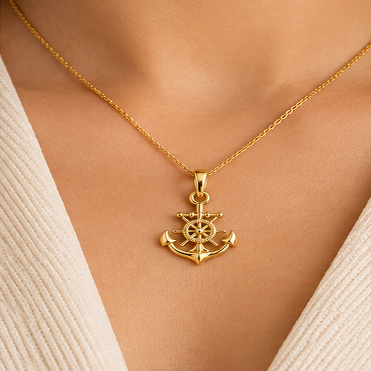 14K Gold Nautical Anchor Ship Wheel Charm