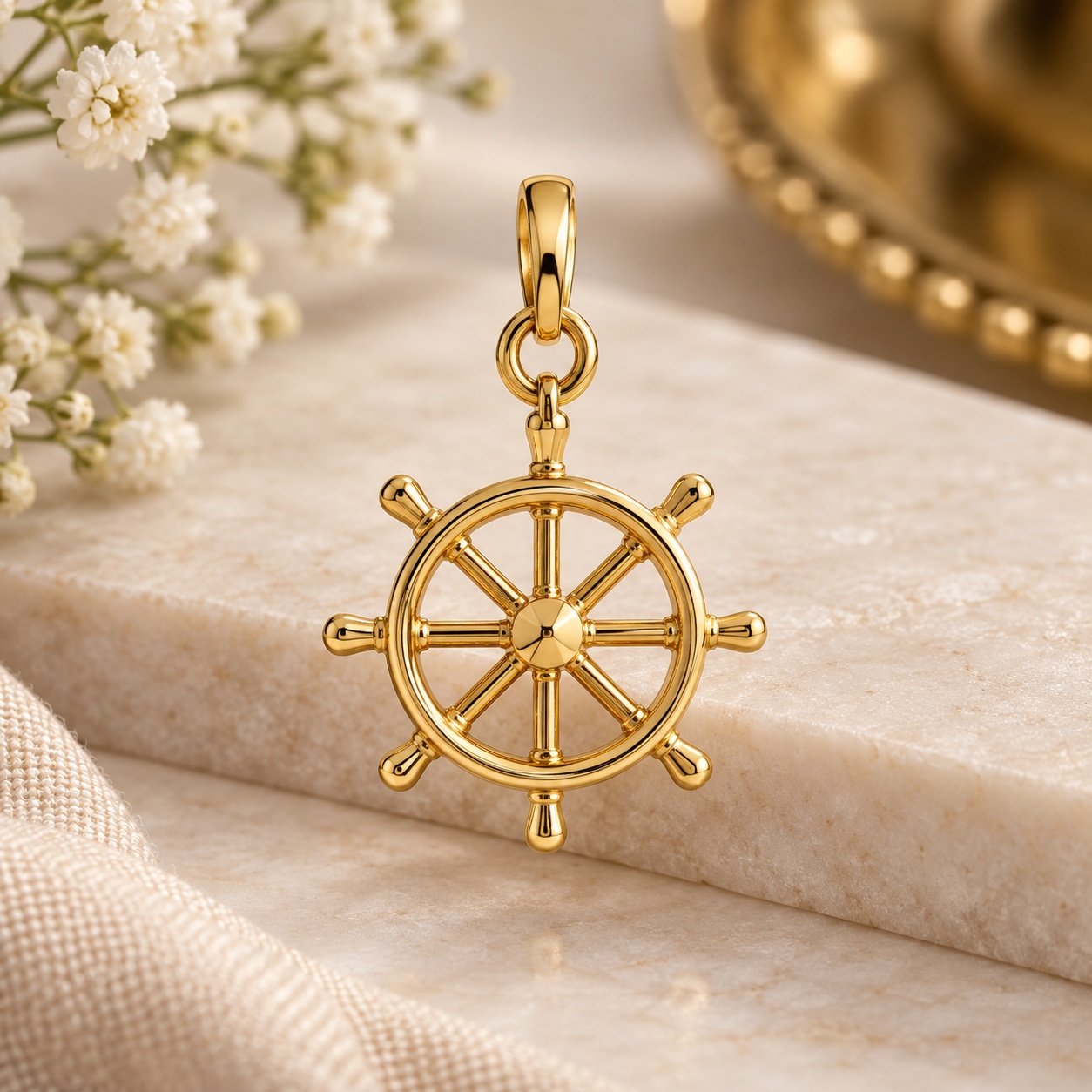 14K Yellow Gold Ship Wheel Charm  Nautical Helm Pendant