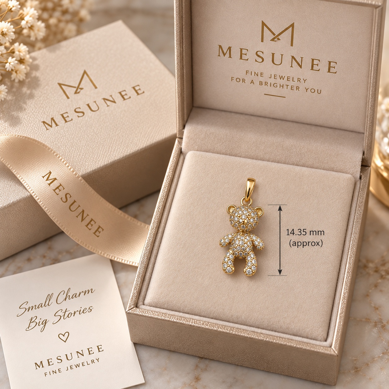 14K Yellow Gold Diamond Teddy Bear Charm 038 CTW