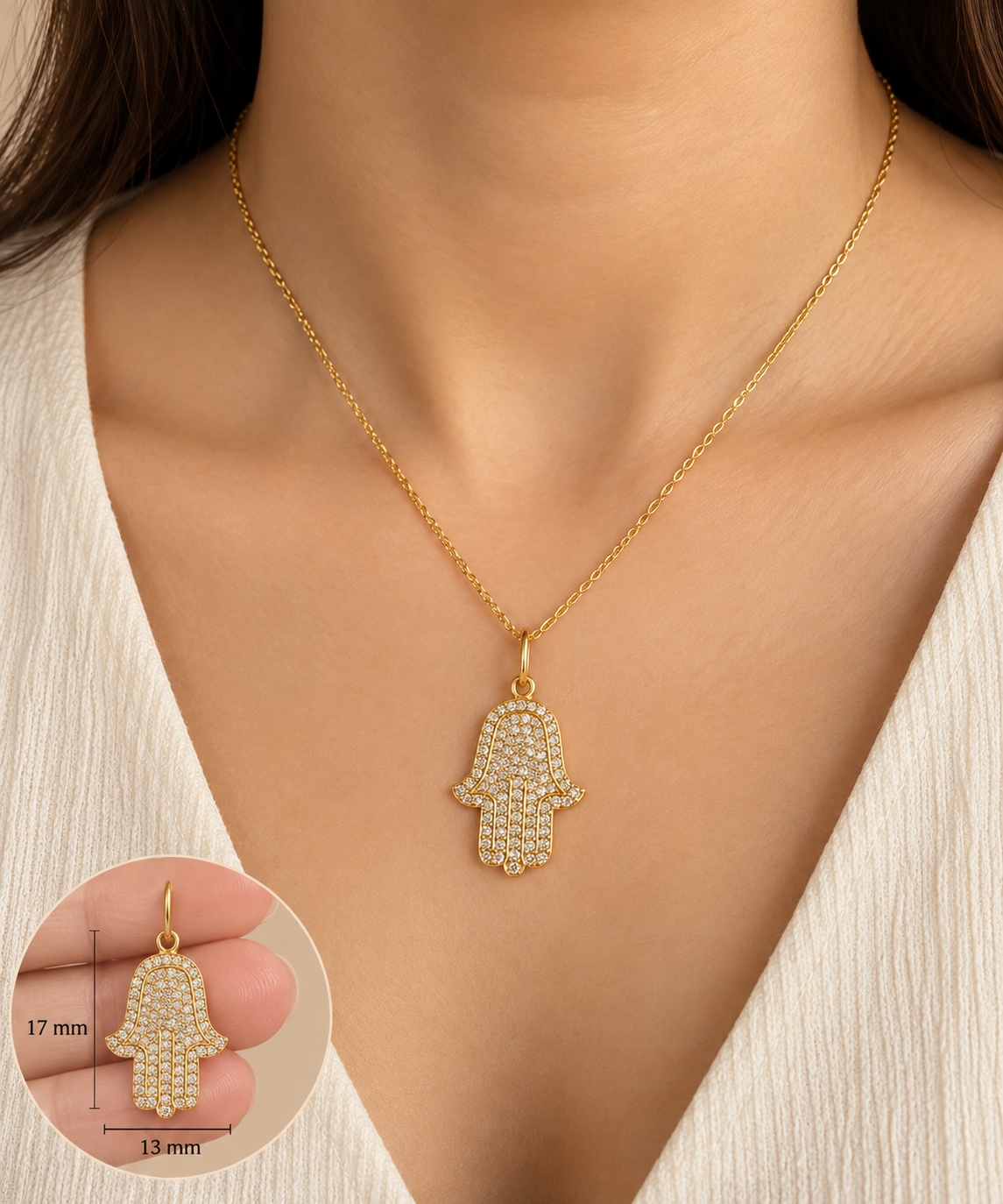 14K Yellow Gold Diamond Hamsa Hand Charm Pendant 045 CTW