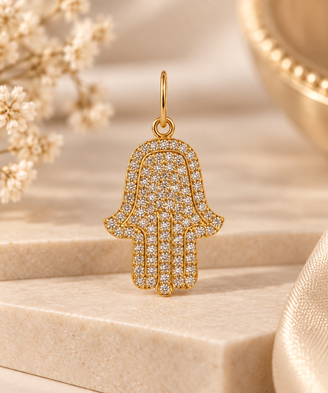 14K Yellow Gold Diamond Hamsa Hand Charm Pendant  045 CTW