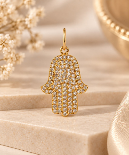 Image of 14K Yellow Gold Diamond Hamsa Hand Charm Pendant – 0.45 CTW