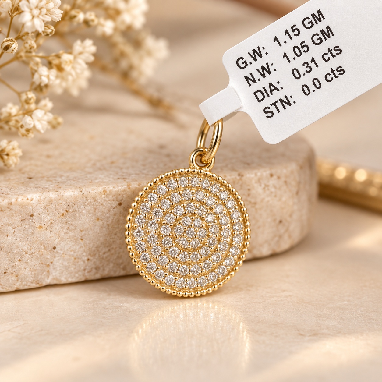 14K Yellow Gold Diamond Pav Round Charm Pendant 031 CTW