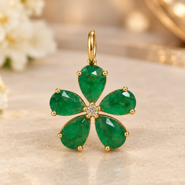 Image of 14K Yellow Gold Natural Emerald &amp; Diamond Flower Charm Pendant