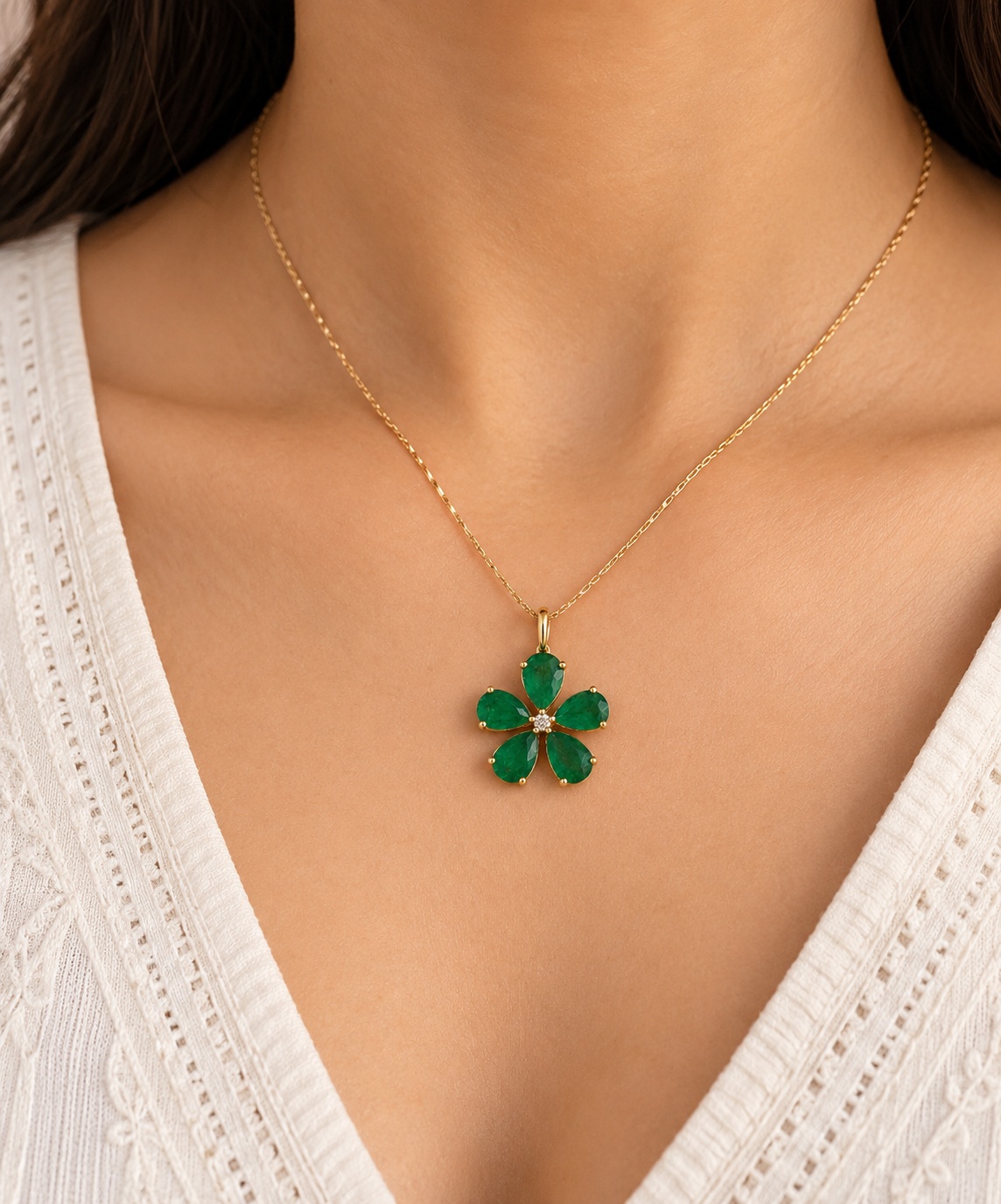 14K Yellow Gold Natural Emerald  Diamond Flower Charm Pendant
