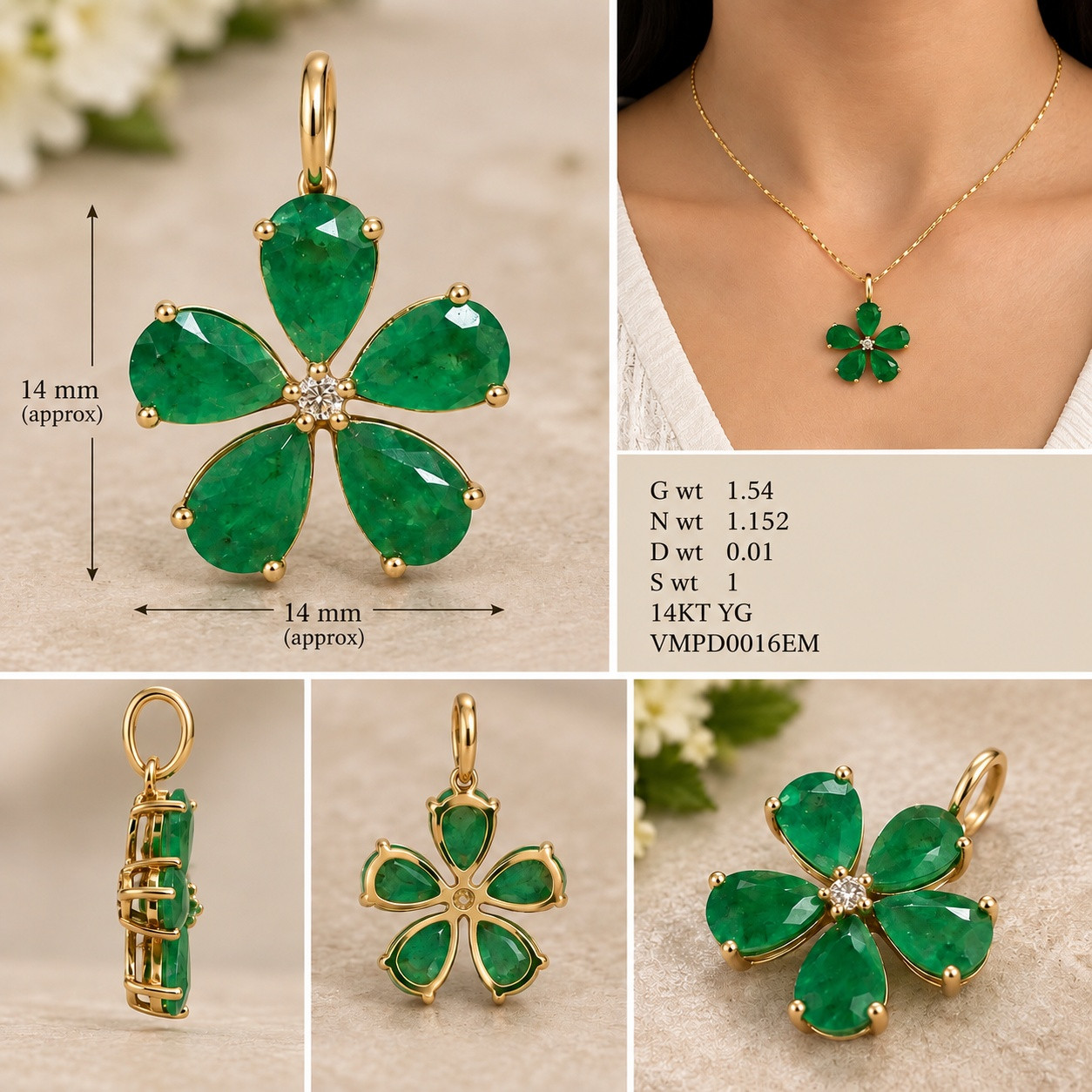 14K Yellow Gold Natural Emerald  Diamond Flower Charm Pendant