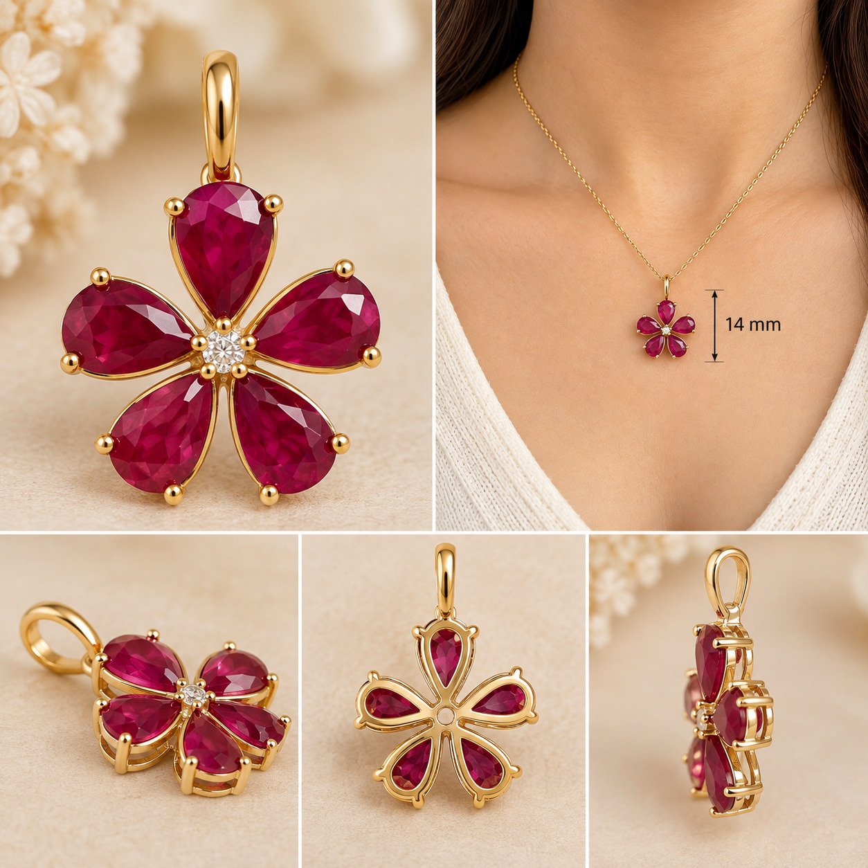 14K Yellow Gold Natural Ruby Diamond Flower Charm Petite Floral Pendant