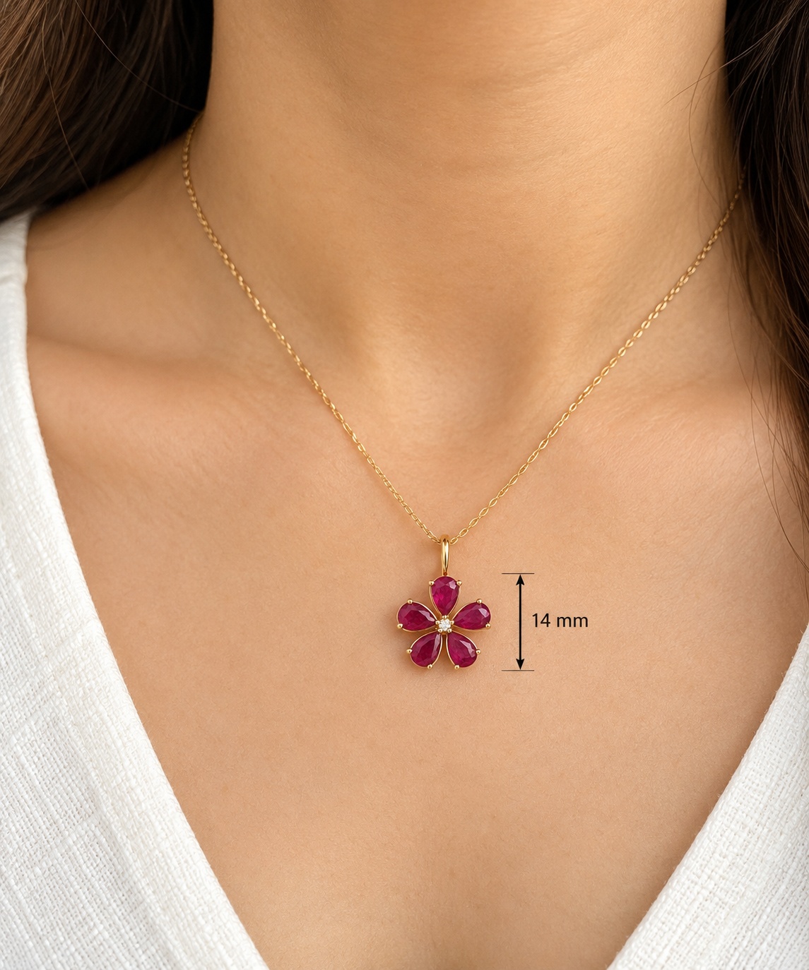 14K Yellow Gold Natural Ruby  Diamond Flower Charm  Petite Floral Pendant