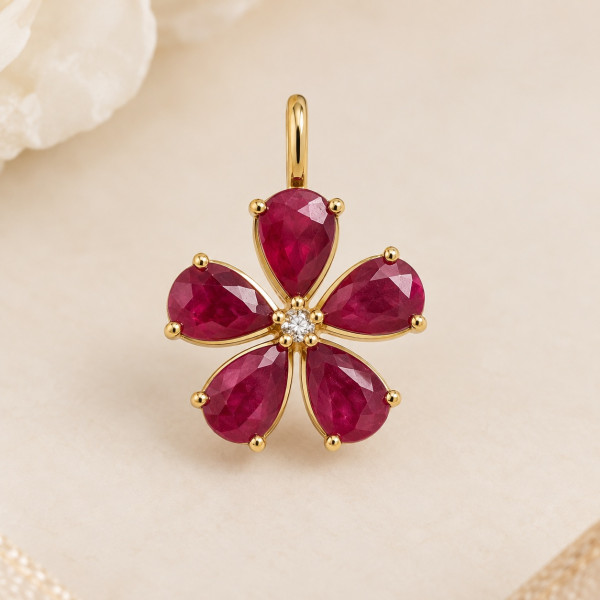 Image of 14K Yellow Gold Natural Ruby &amp; Diamond Flower Charm | Petite Floral Pendant