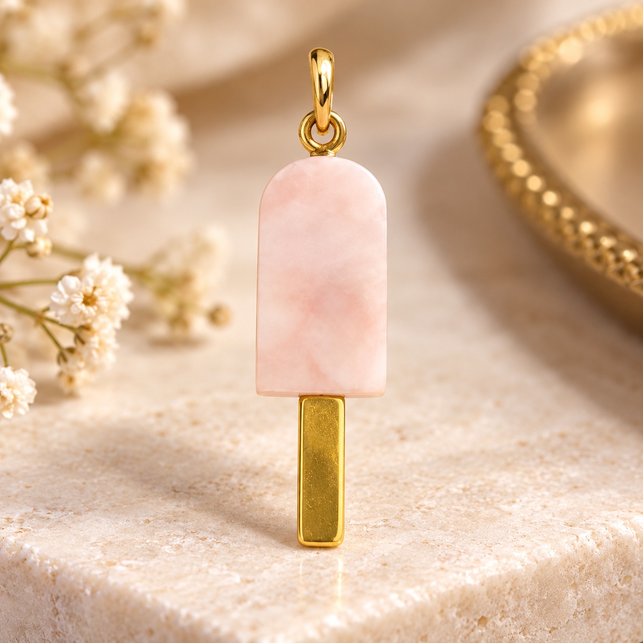 Pink Opal Popsicle Charm Pendant  14K Gold  25mm