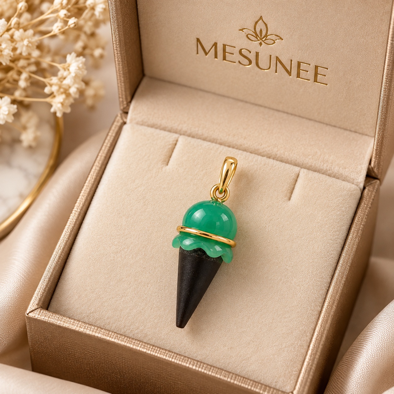 14K Gold Chrysoprase  Boulder Opal Ice Cream Cone Charm  9335 Cts