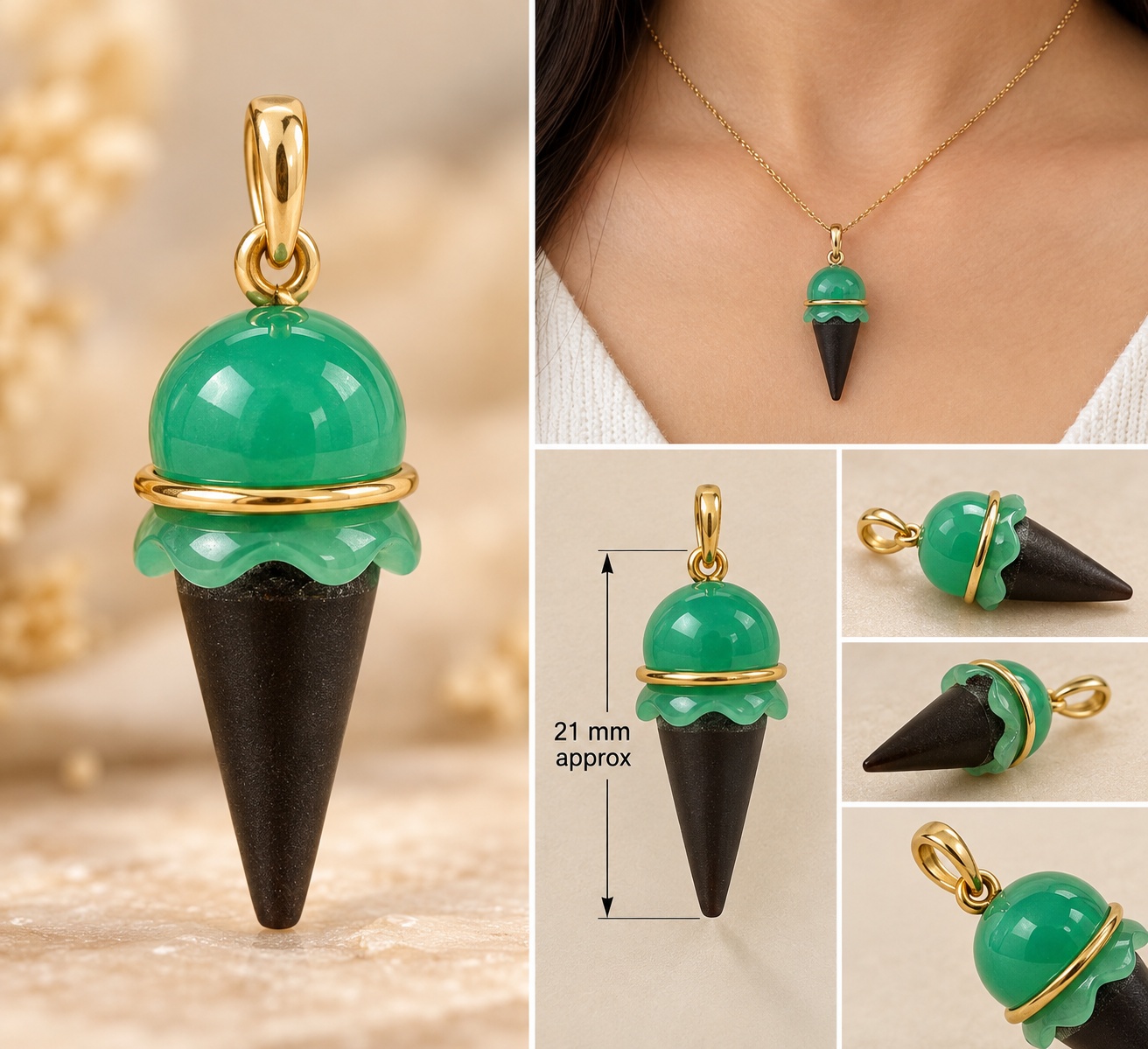 14K Gold Chrysoprase Boulder Opal Ice Cream Cone Charm 9335 Cts