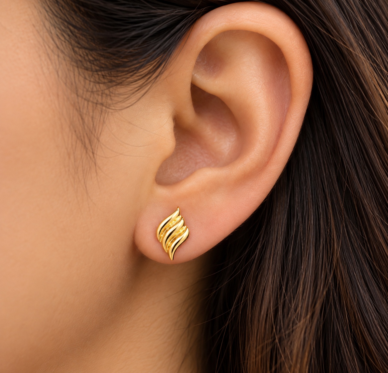 14K Yellow Gold Sculpted Wave Stud Earrings