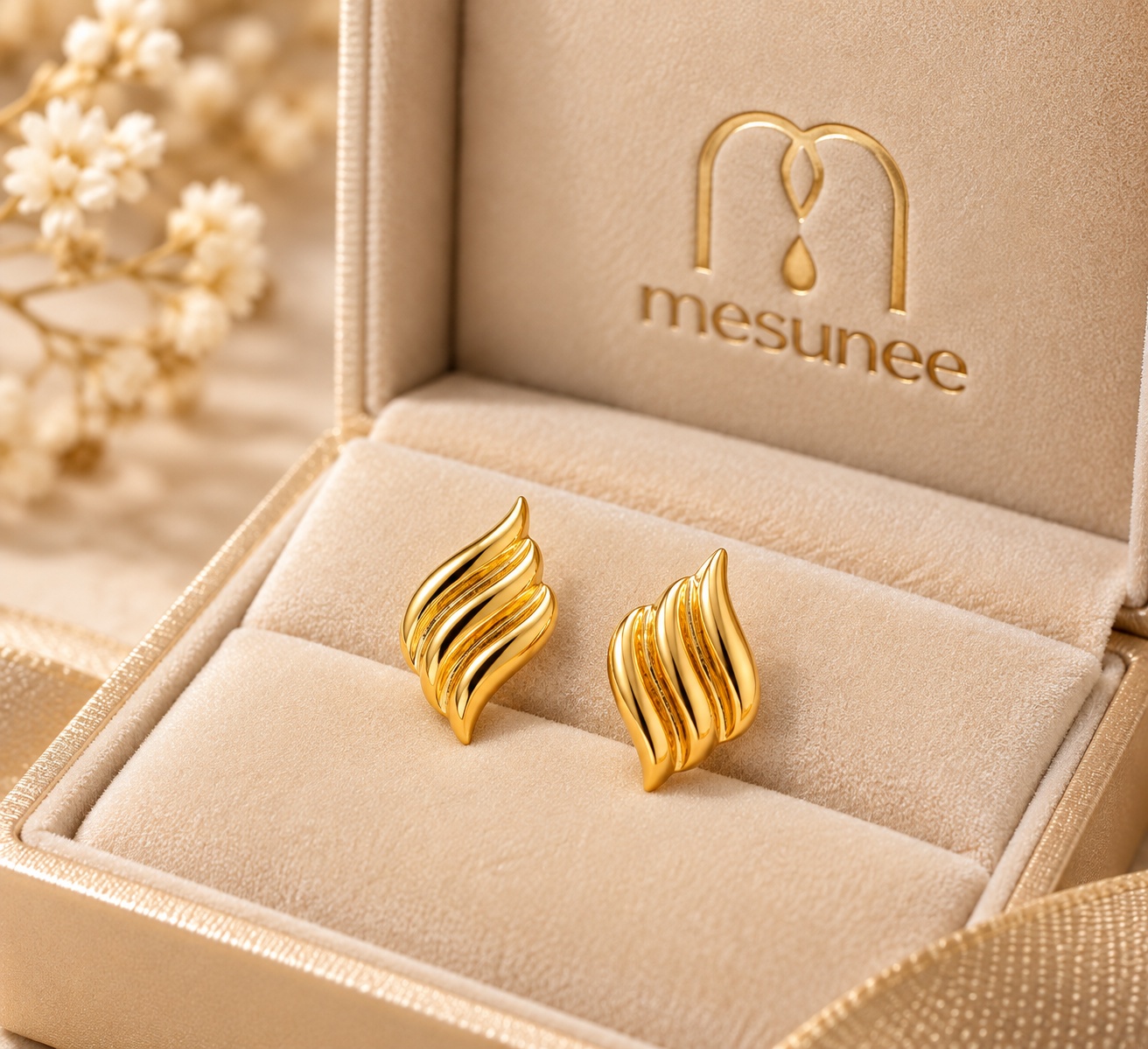 14K Yellow Gold Sculpted Wave Stud Earrings