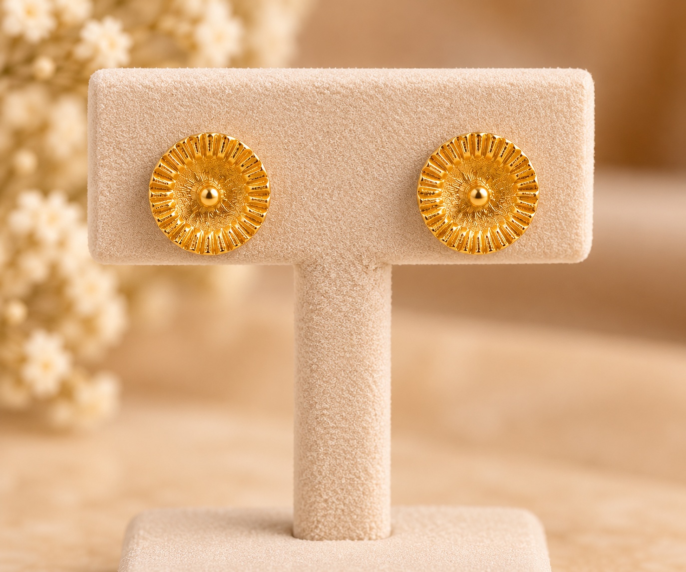 14K Yellow Gold Textured Sunburst Stud EARRINGS 