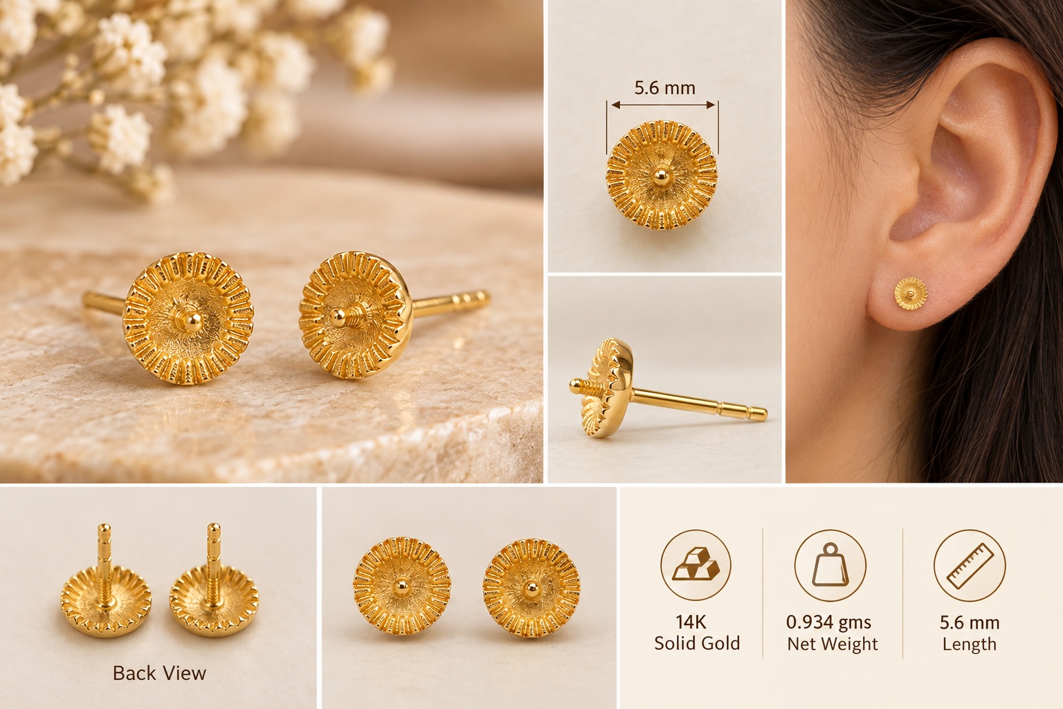 14K Yellow Gold Textured Sunburst Stud EARRINGS 