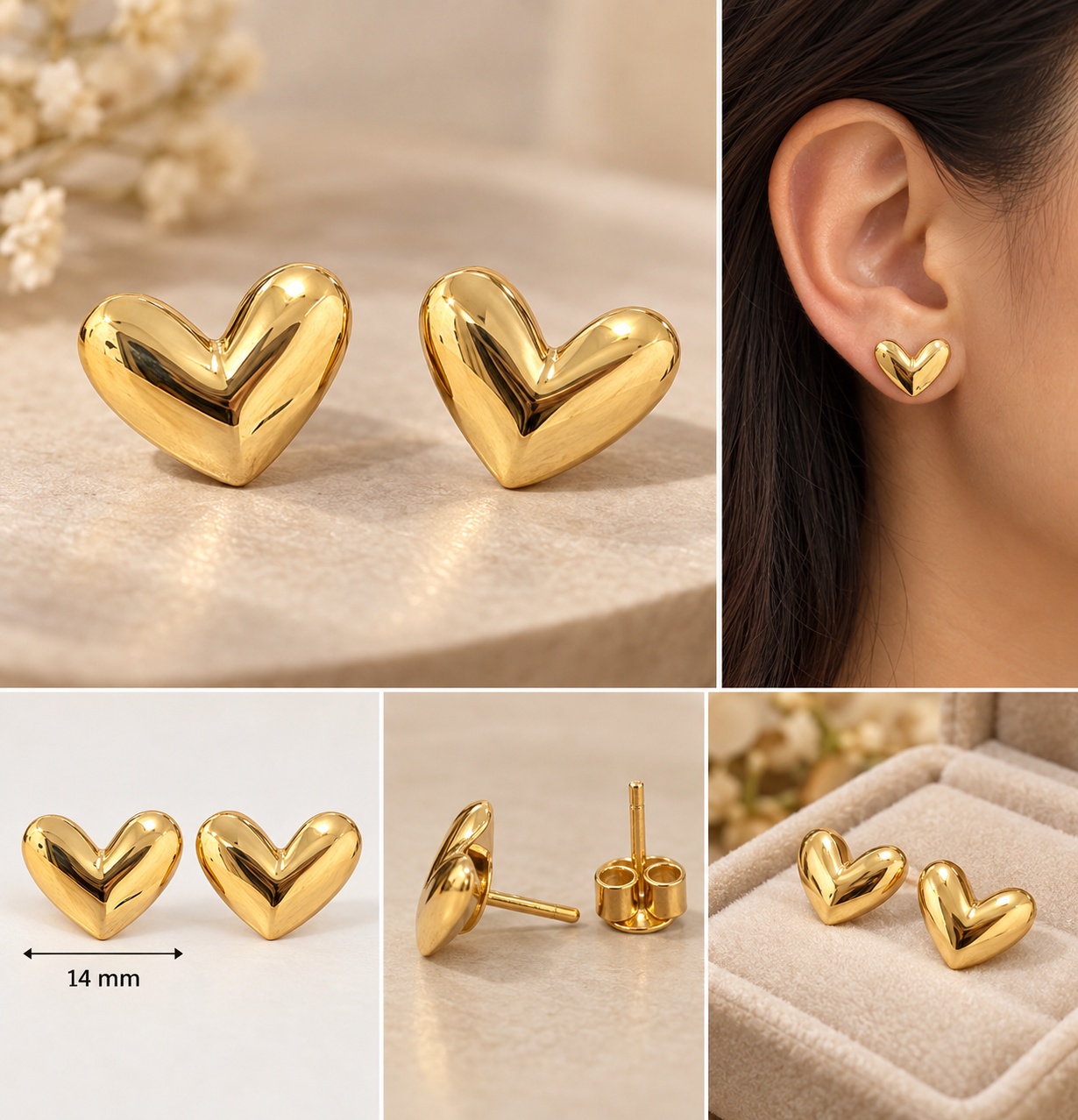 14K Yellow Gold Puffy Heart Stud Earrings Polished Heart Earrings
