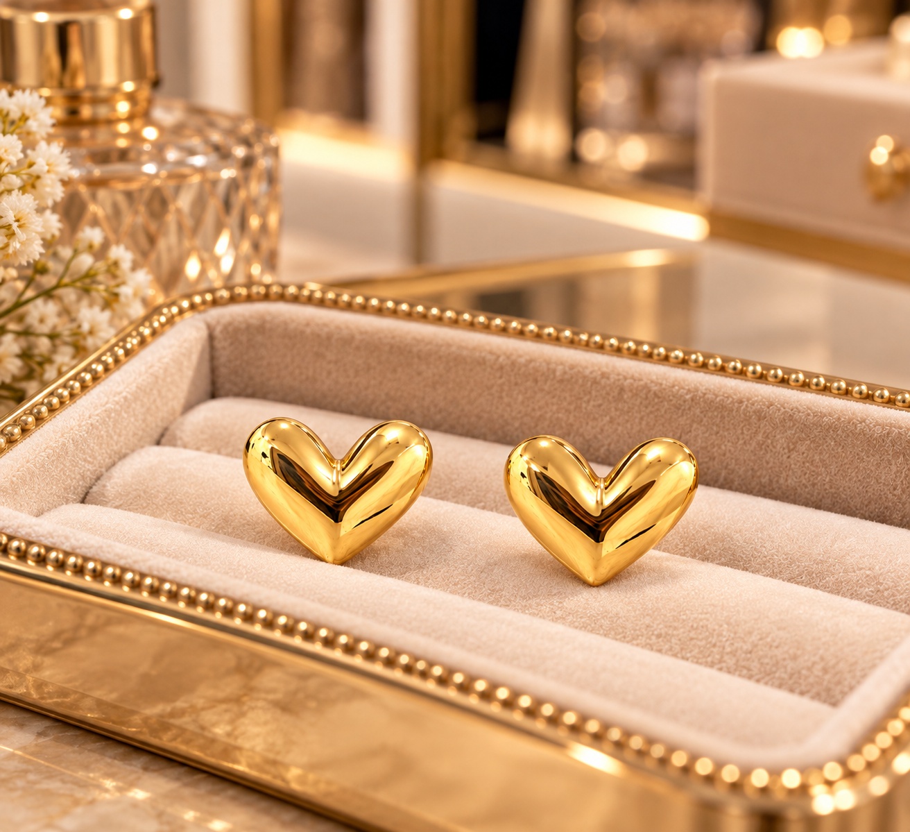 14K Yellow Gold Puffy Heart Stud Earrings  Polished Heart Earrings