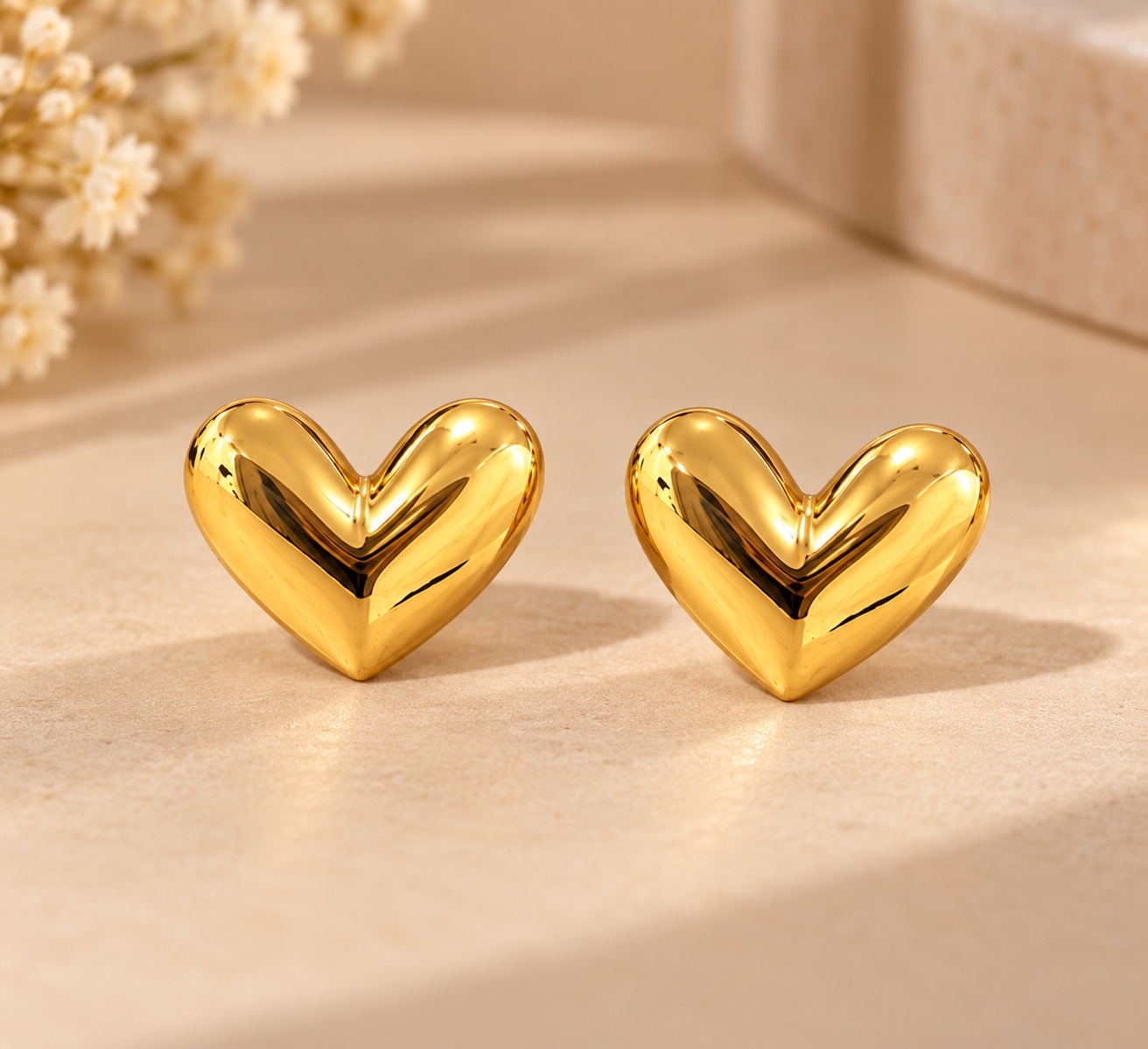 14K Yellow Gold Puffy Heart Stud Earrings  Polished Heart Earrings