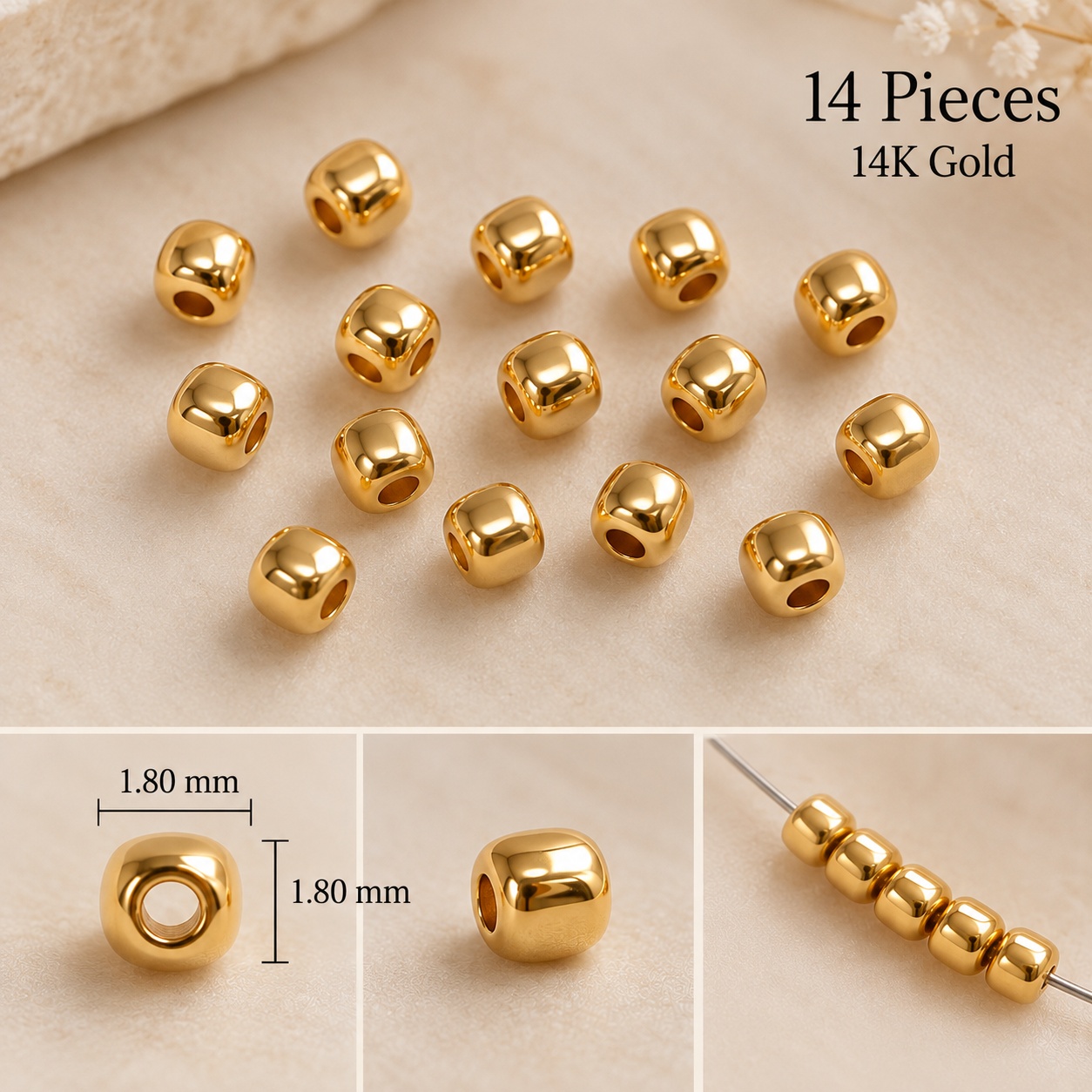 14K Solid Gold Spacer Beads Findings 180 mm Set of 14 Pieces