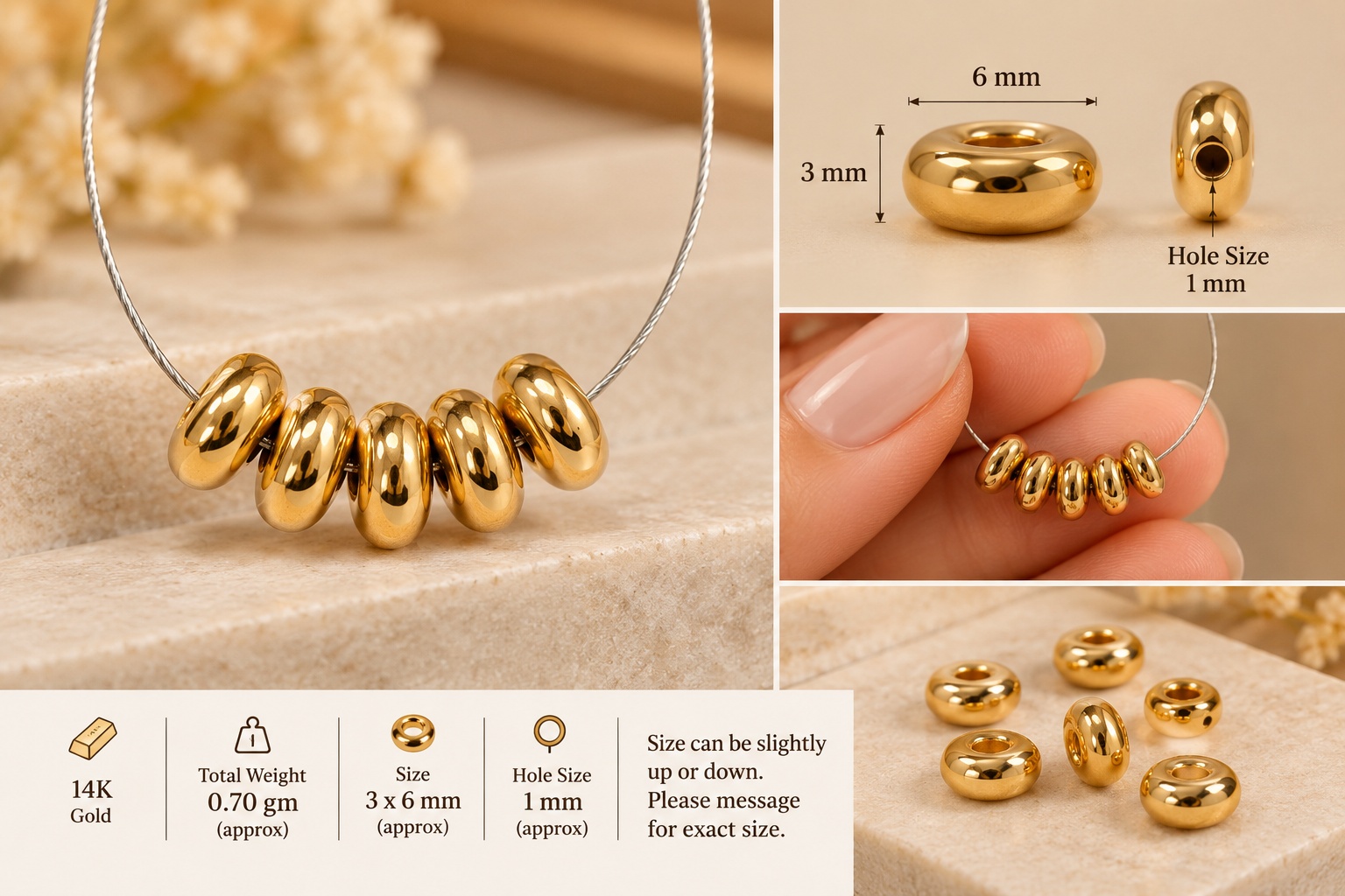 14K Yellow Gold Rondelle Beads 3 x 6mm Gold Spacer Beads