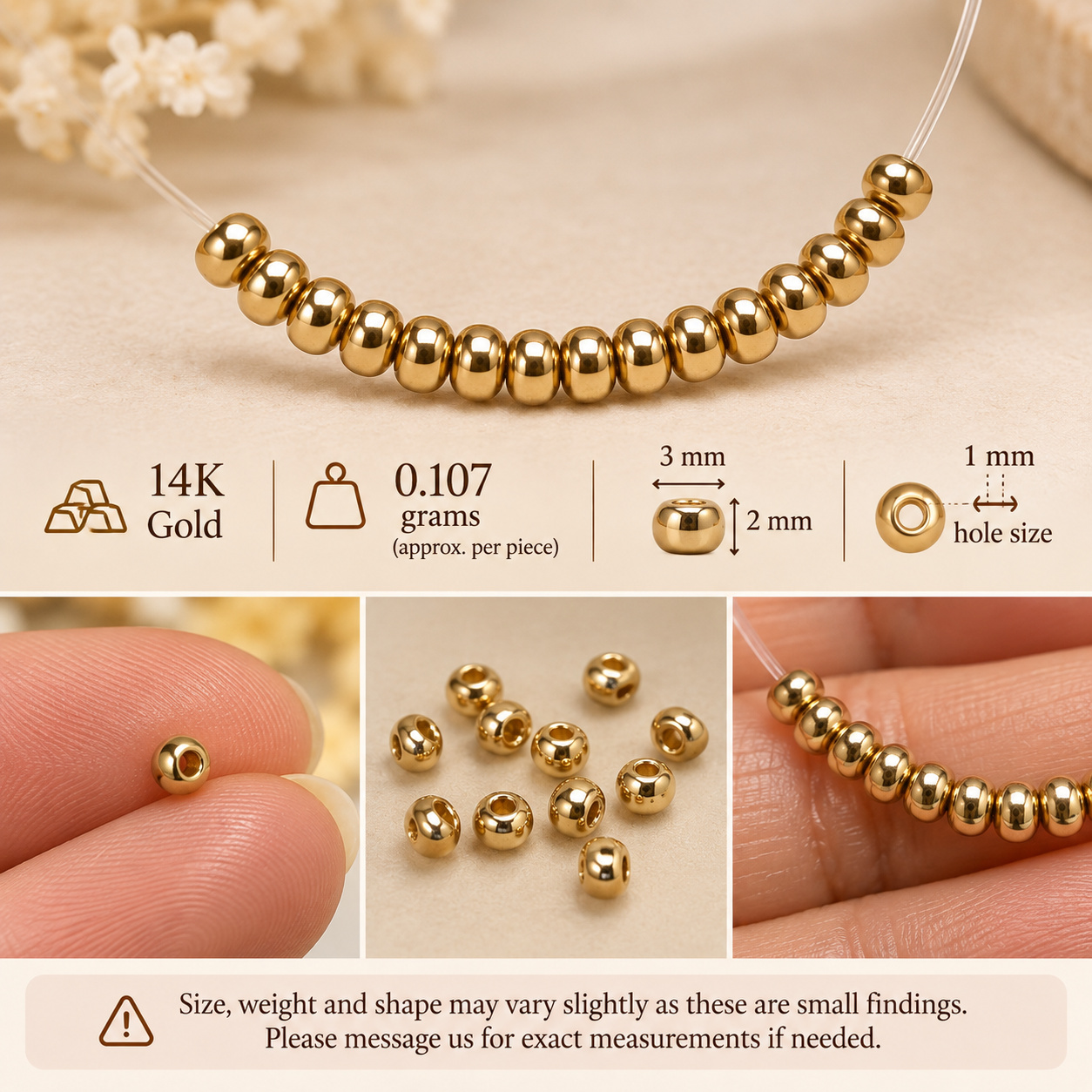 14K Solid Gold Rondelle Spacer Bead Finding