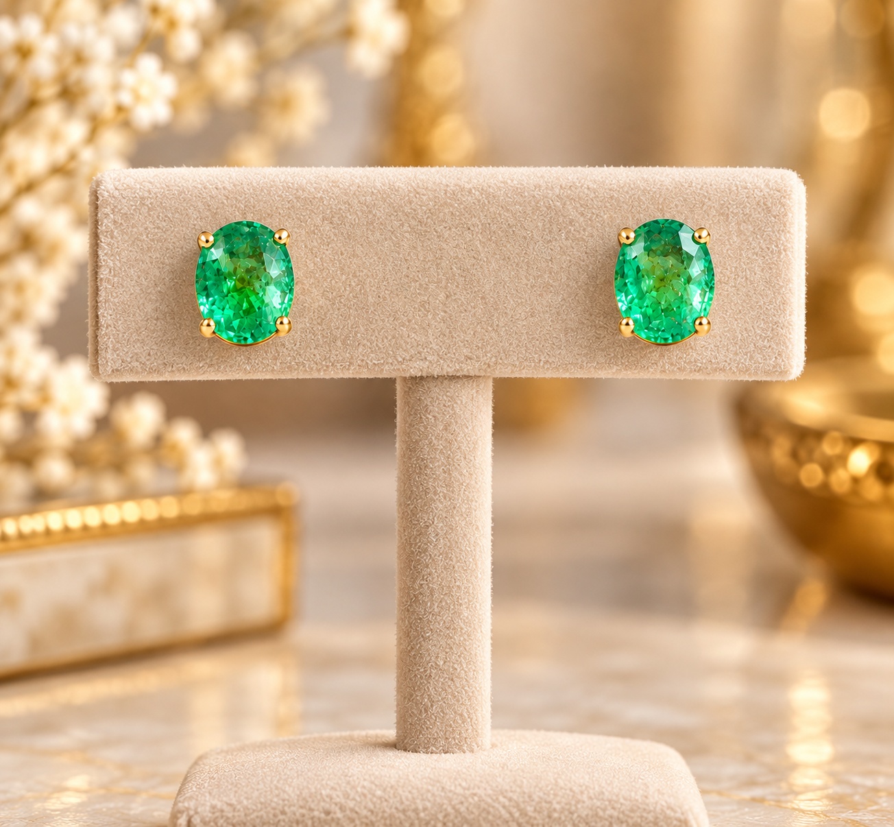 14K Gold Natural Emerald Oval Stud Earrings