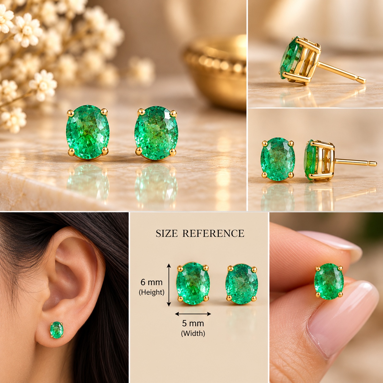14K Gold Natural Emerald Oval Stud Earrings