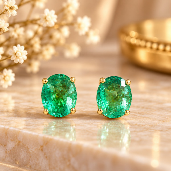Image of 14K Gold Natural Emerald Oval Stud Earrings