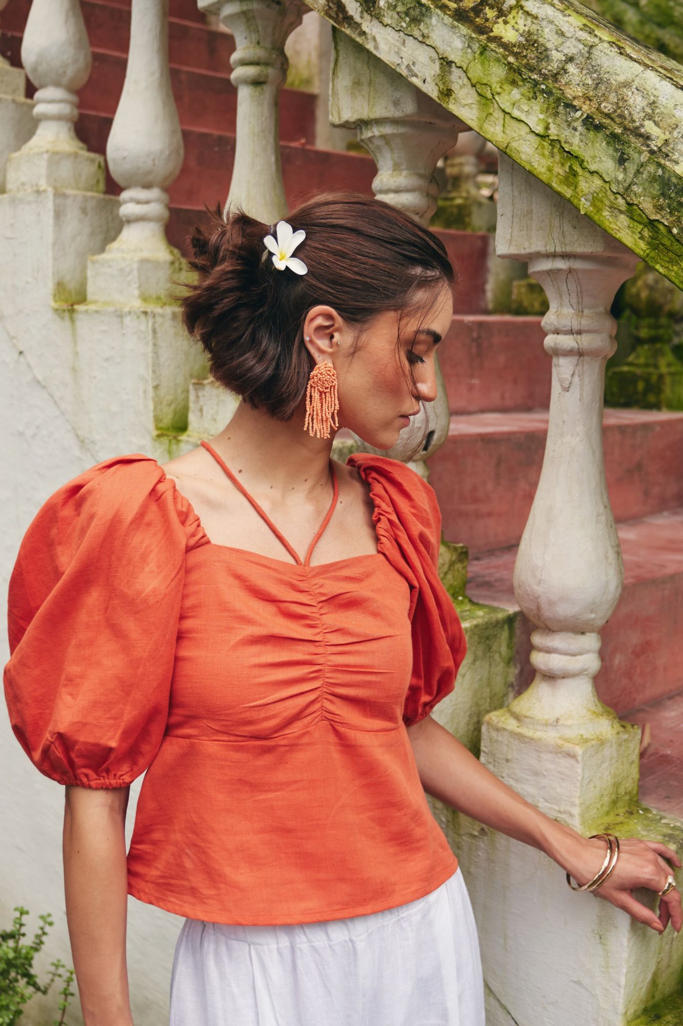 FLORENTINA SOLID CORAL COLOR LINEN FABRIC CROP LENGTH SUMMER TOP WITH SLEEVES AND NECK DORI DETAIL