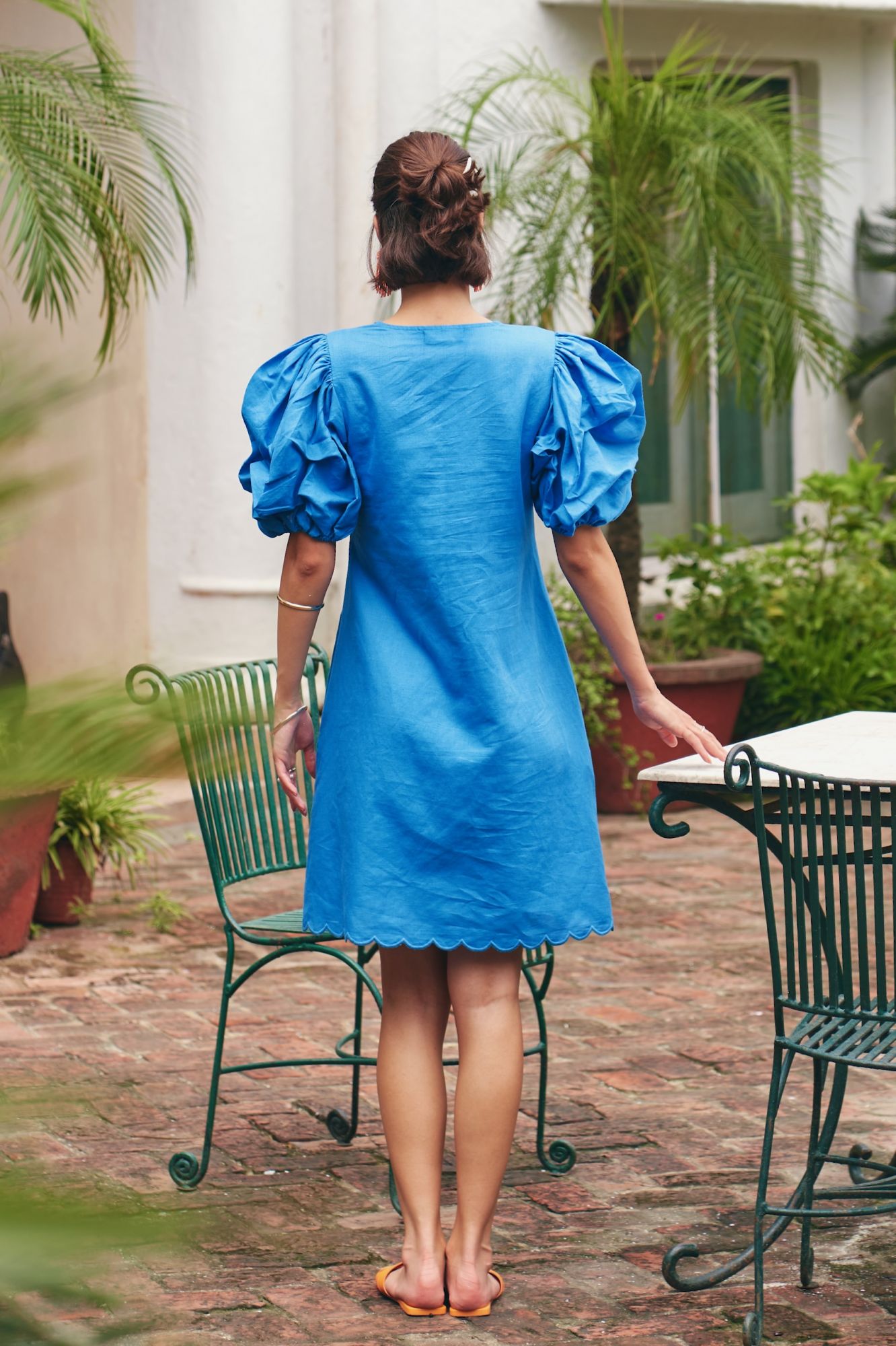 FLORENTINA SOLID COBALT BLUE COLOR KNEE LENGTH LINEN SUMMER DRESS WITH RUCHED SLEEVES AND DETAILED V-NECK