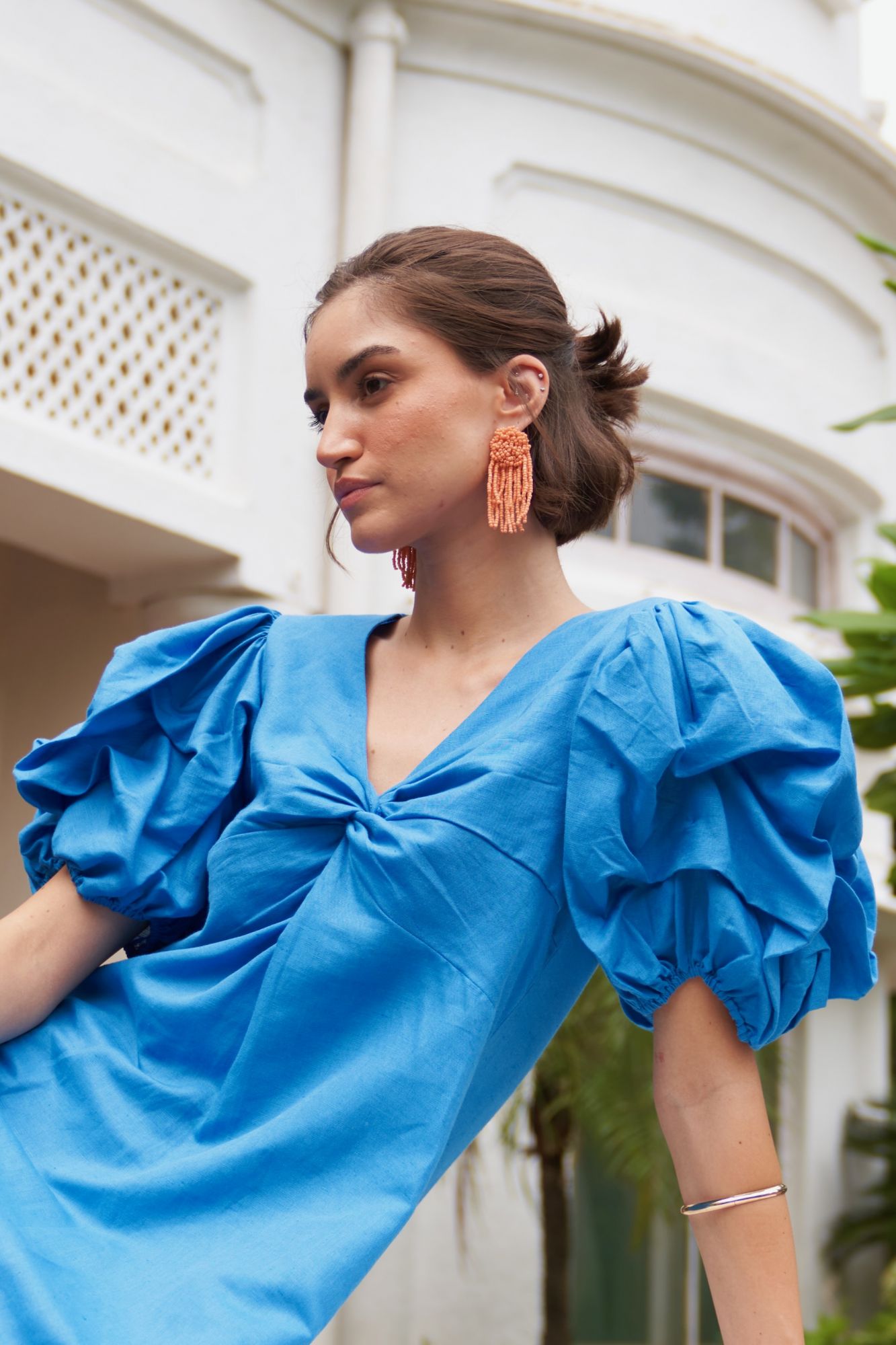 FLORENTINA SOLID COBALT BLUE COLOR KNEE LENGTH LINEN SUMMER DRESS WITH RUCHED SLEEVES AND DETAILED V-NECK