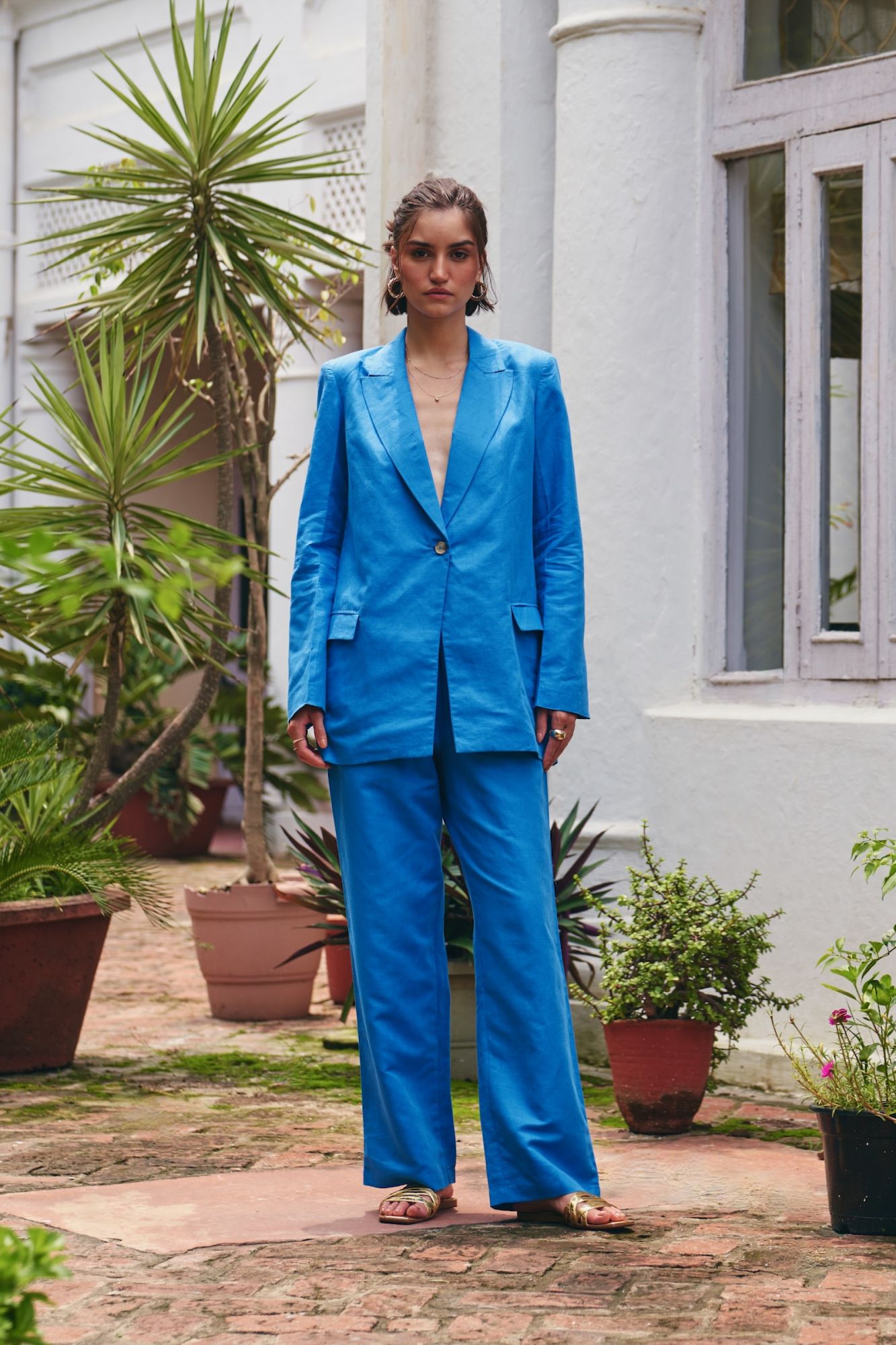 FLORENTINA COBALT BLUE COLOR LINEN FABRIC SUMMER JACKET AND PANTS COORDINATE