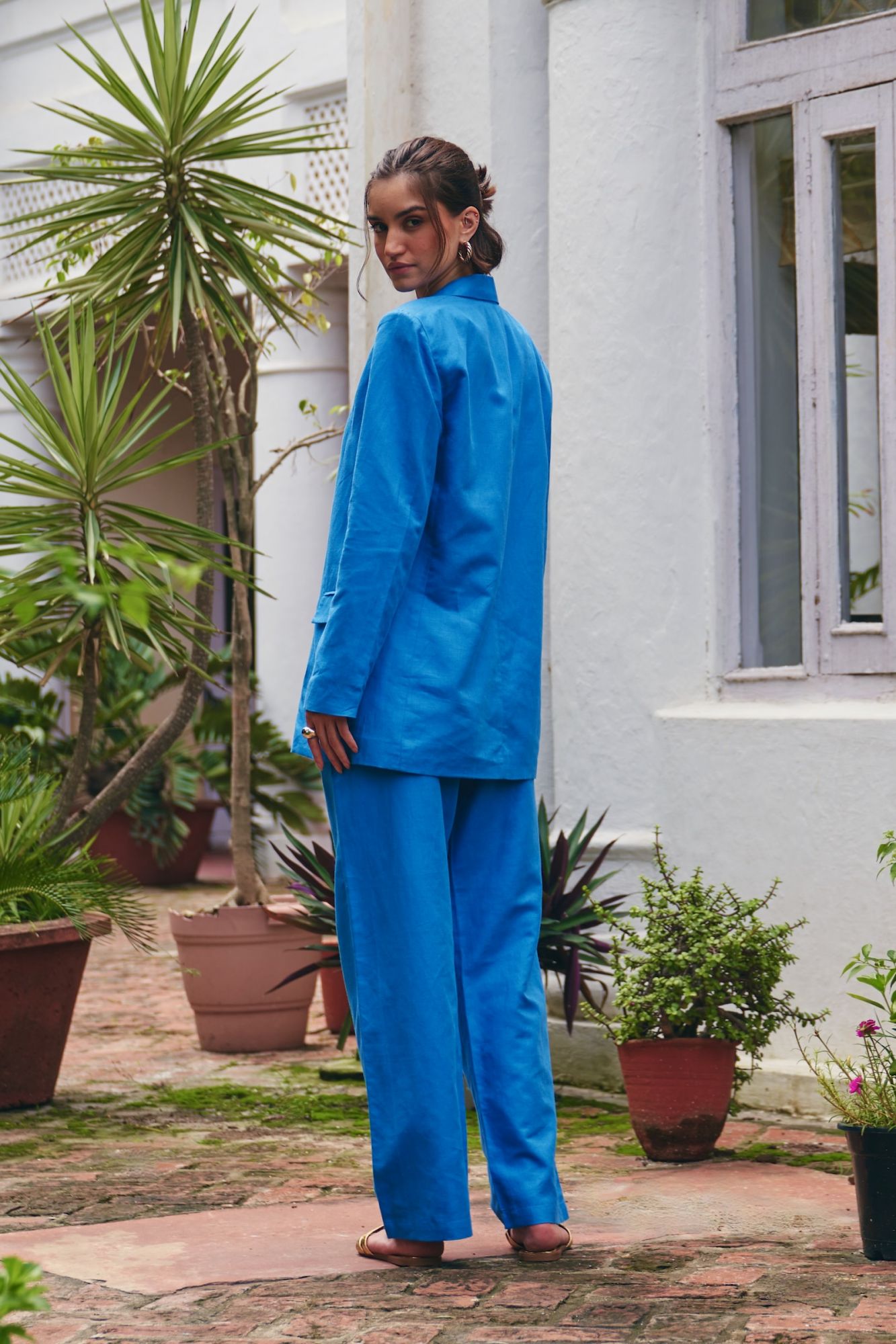 FLORENTINA COBALT BLUE COLOR LINEN FABRIC SUMMER JACKET AND PANTS COORDINATE