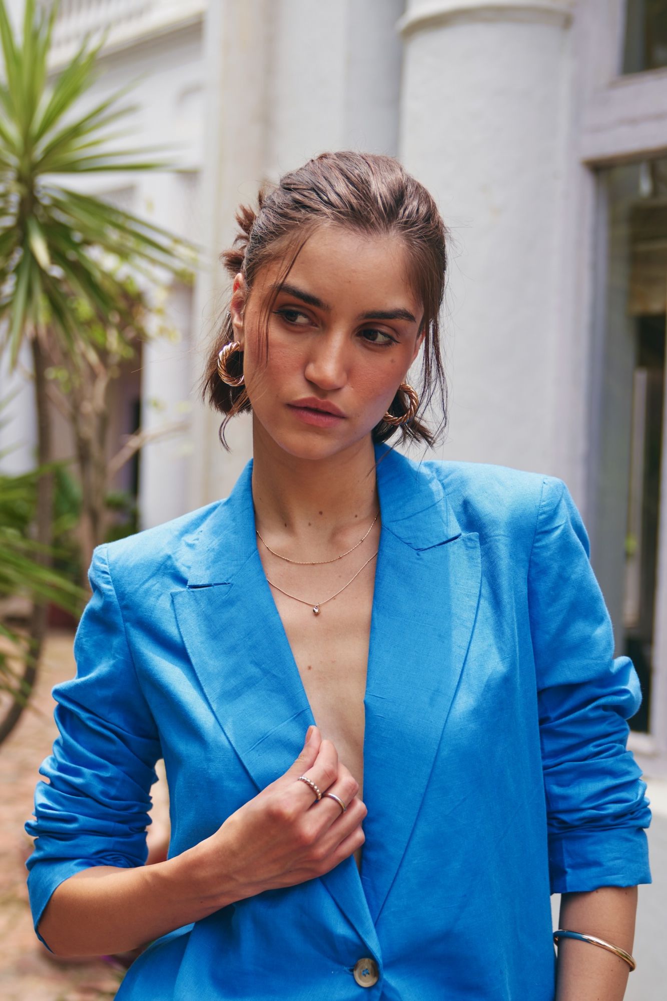 FLORENTINA COBALT BLUE COLOR LINEN FABRIC SUMMER JACKET AND PANTS COORDINATE