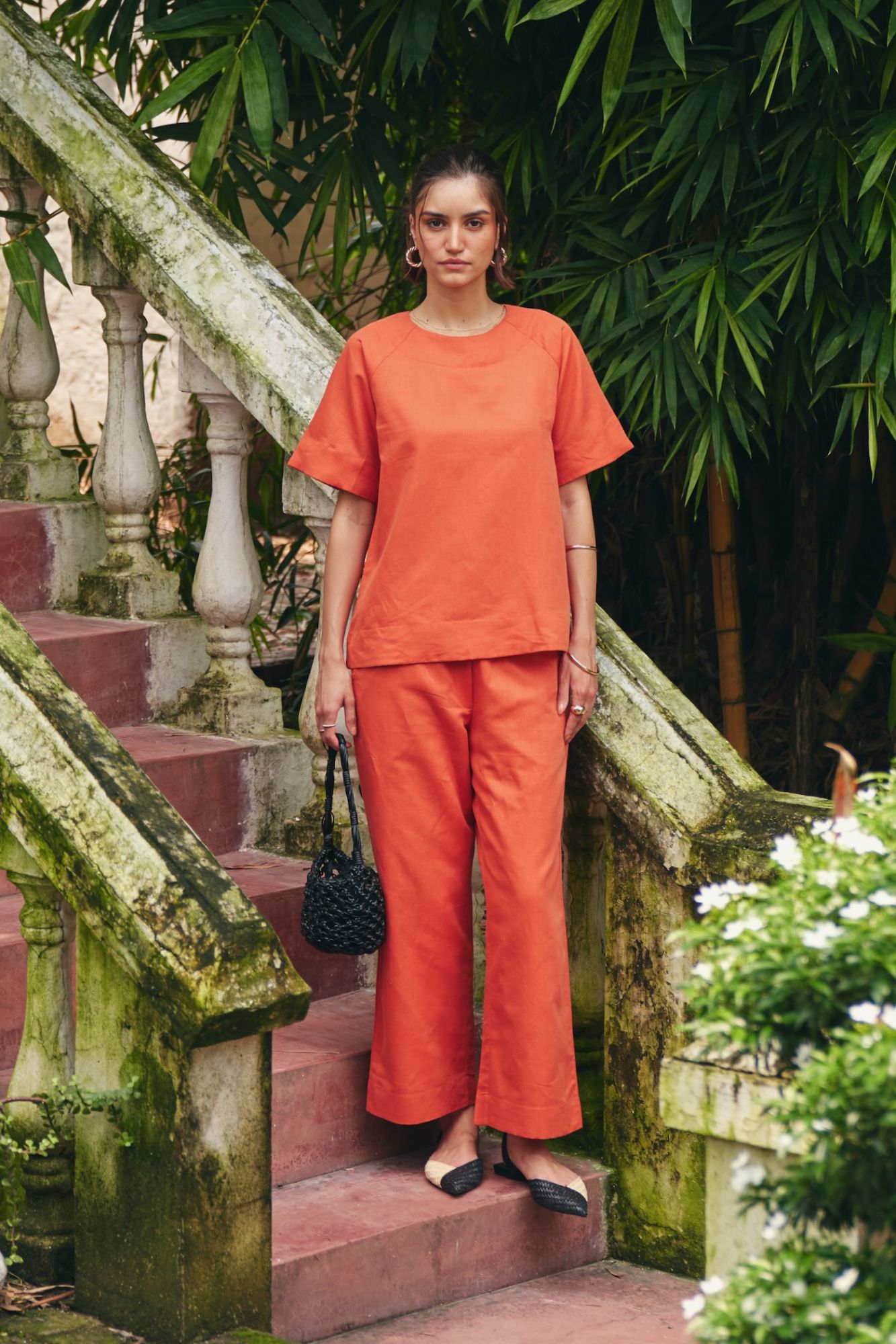 FLORENTINA SOLID CORAL COLOR LINEN BLEND FABRIC TOP WITH LINED PANTS SUMMER CO-ORDINATE