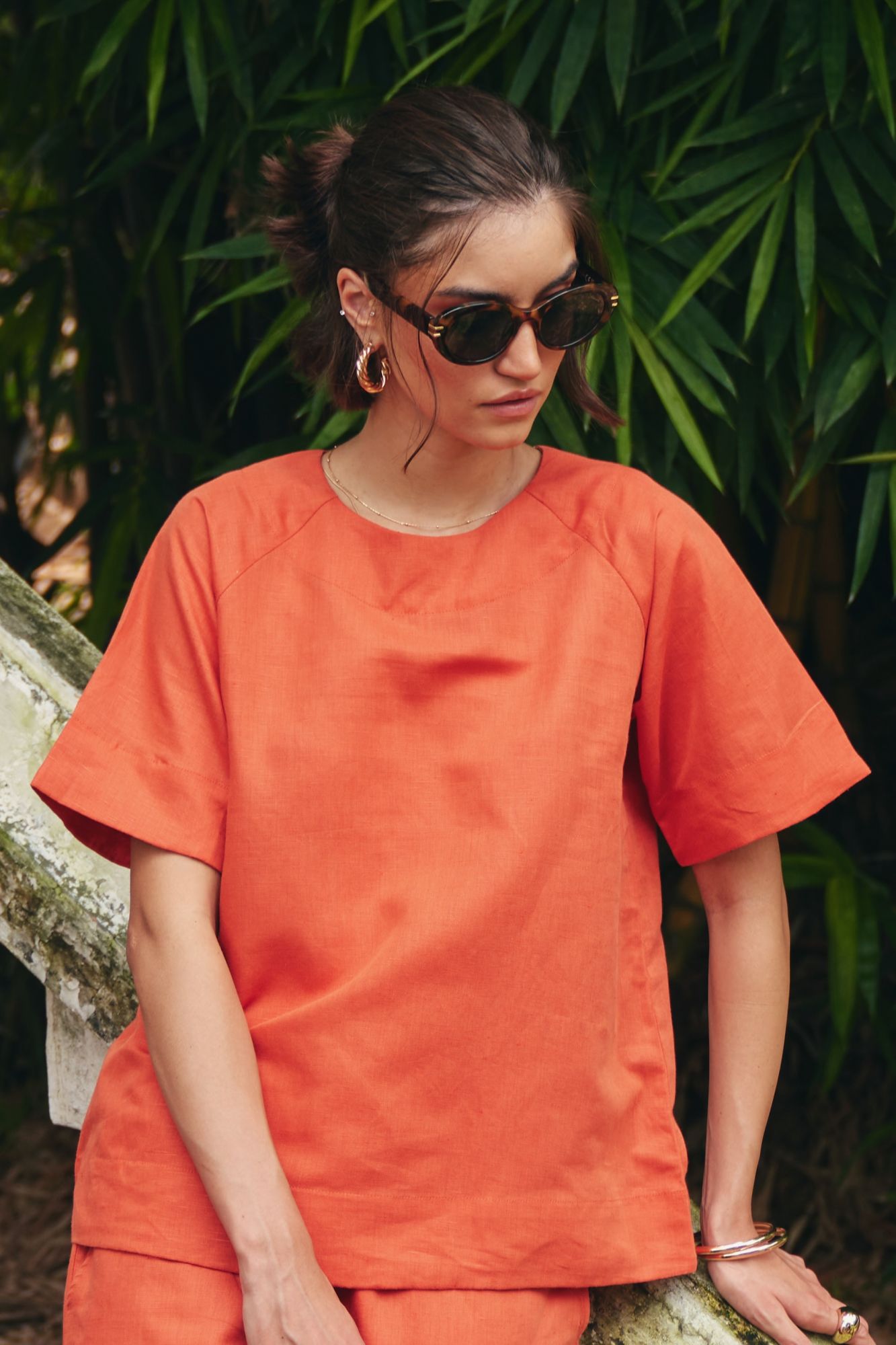 FLORENTINA SOLID CORAL COLOR LINEN BLEND FABRIC TOP WITH LINED PANTS SUMMER CO-ORDINATE