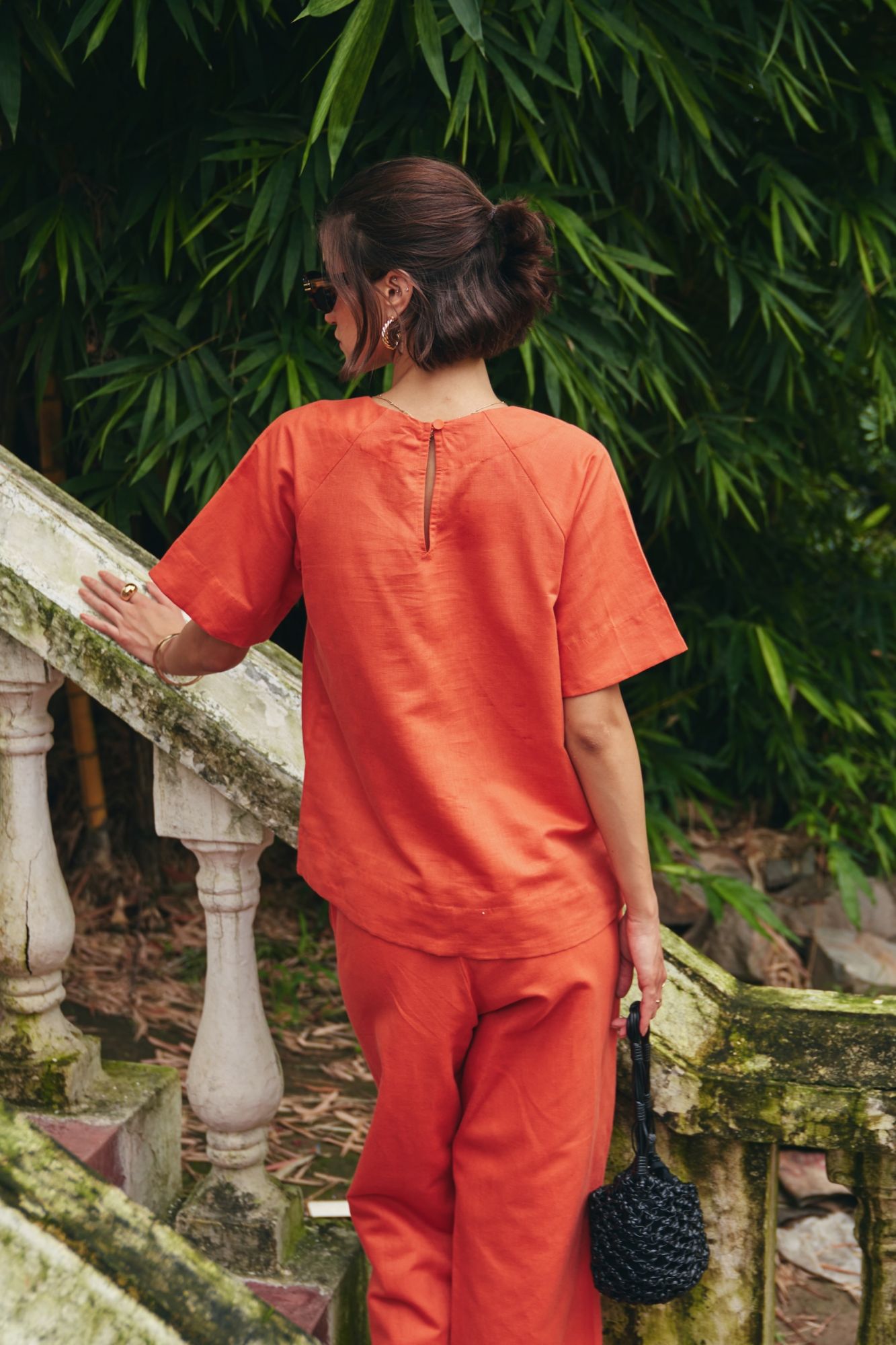 FLORENTINA SOLID CORAL COLOR LINEN BLEND FABRIC TOP WITH LINED PANTS SUMMER CO-ORDINATE