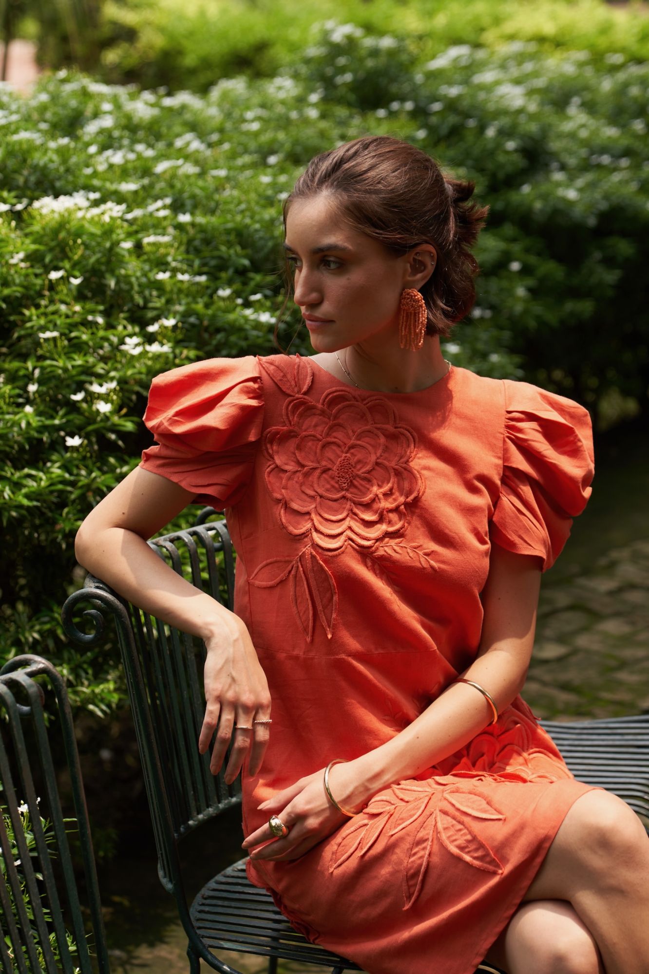 FLORENTINA CORAL COLOR LINEN FABRIC KNEE LENGTH LINED SUMMER DRESS WITH RUCHED SLEEVES AND FLOWER EMBROIDER