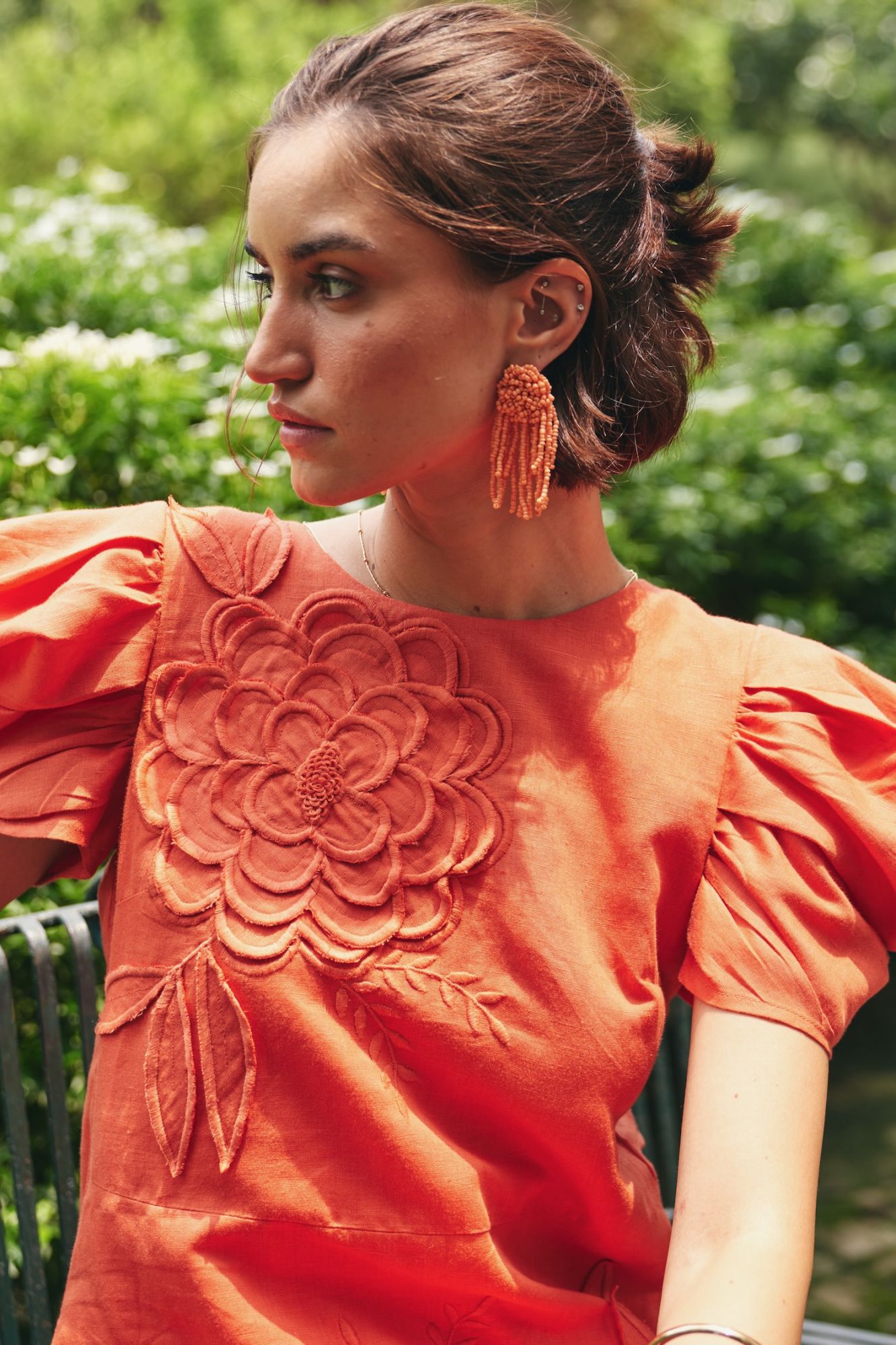 FLORENTINA CORAL COLOR LINEN FABRIC KNEE LENGTH LINED SUMMER DRESS WITH RUCHED SLEEVES AND FLOWER EMBROIDER