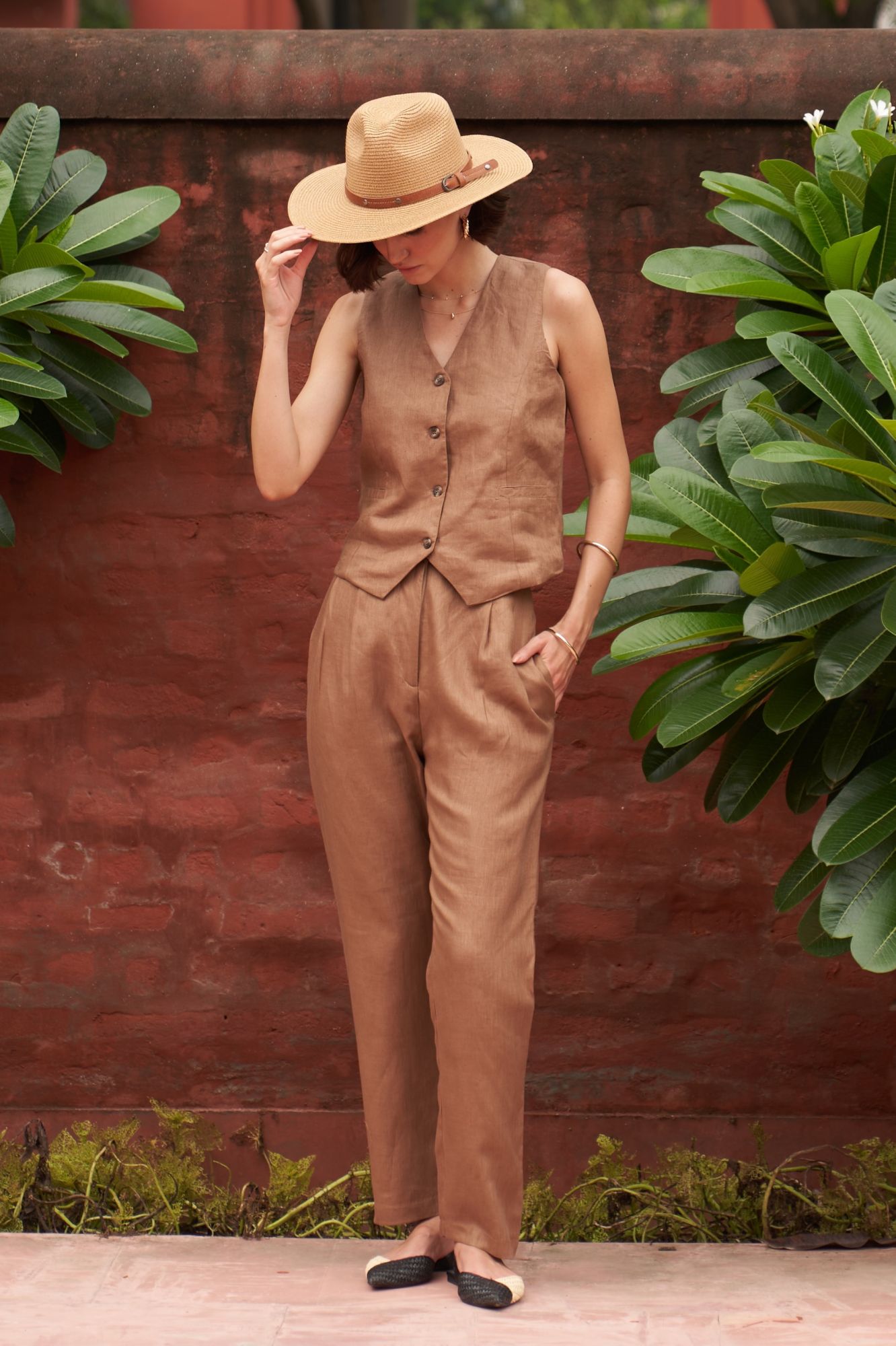FLORENTINA SOLID BROWN PURE LINEN SLEEVELESS WAIST JACKET AND PANTS SUMMER CO-ORDINATE