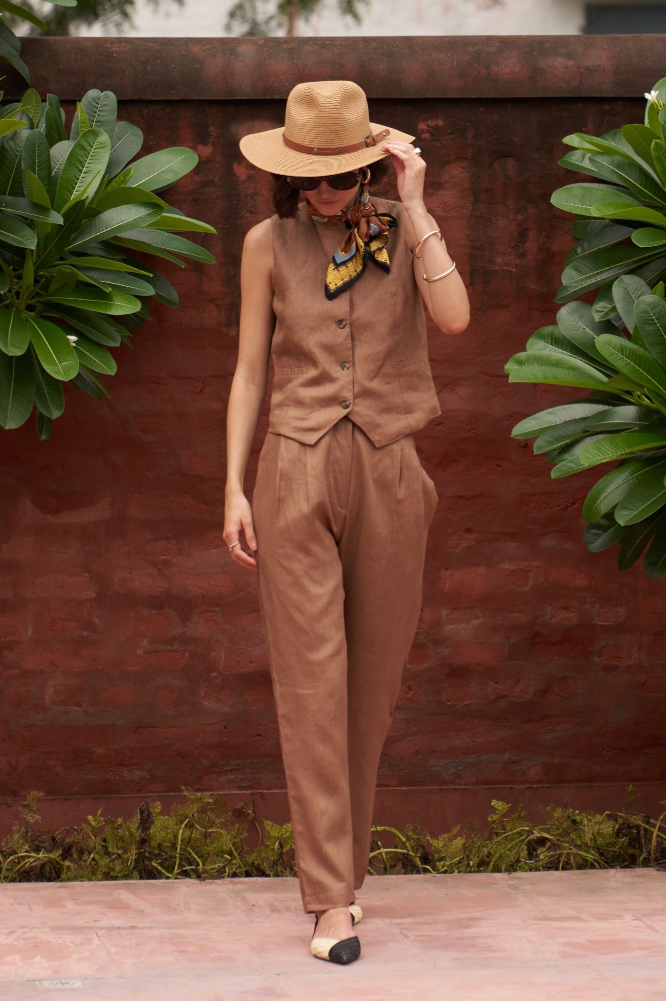 FLORENTINA SOLID BROWN PURE LINEN SLEEVELESS WAIST JACKET AND PANTS SUMMER CO-ORDINATE