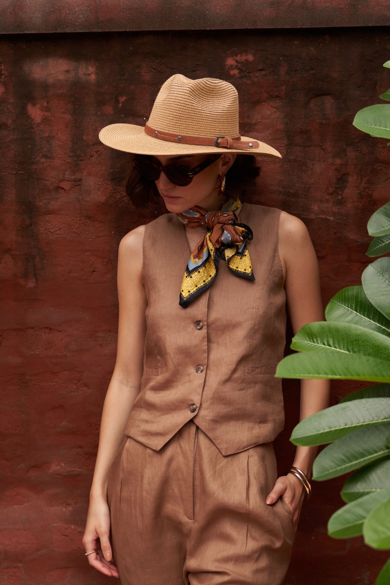 FLORENTINA SOLID BROWN PURE LINEN SLEEVELESS WAIST JACKET AND PANTS SUMMER CO-ORDINATE