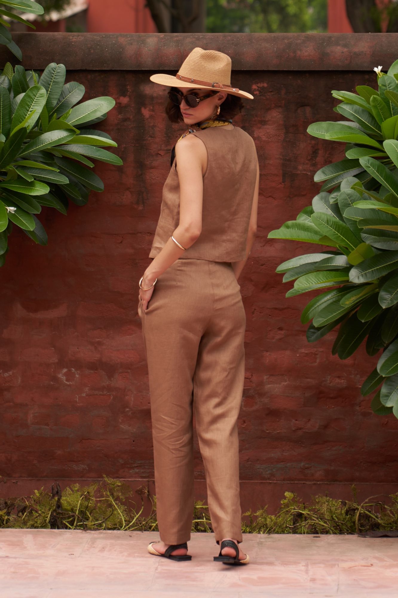 FLORENTINA SOLID BROWN PURE LINEN SLEEVELESS WAIST JACKET AND PANTS SUMMER CO-ORDINATE