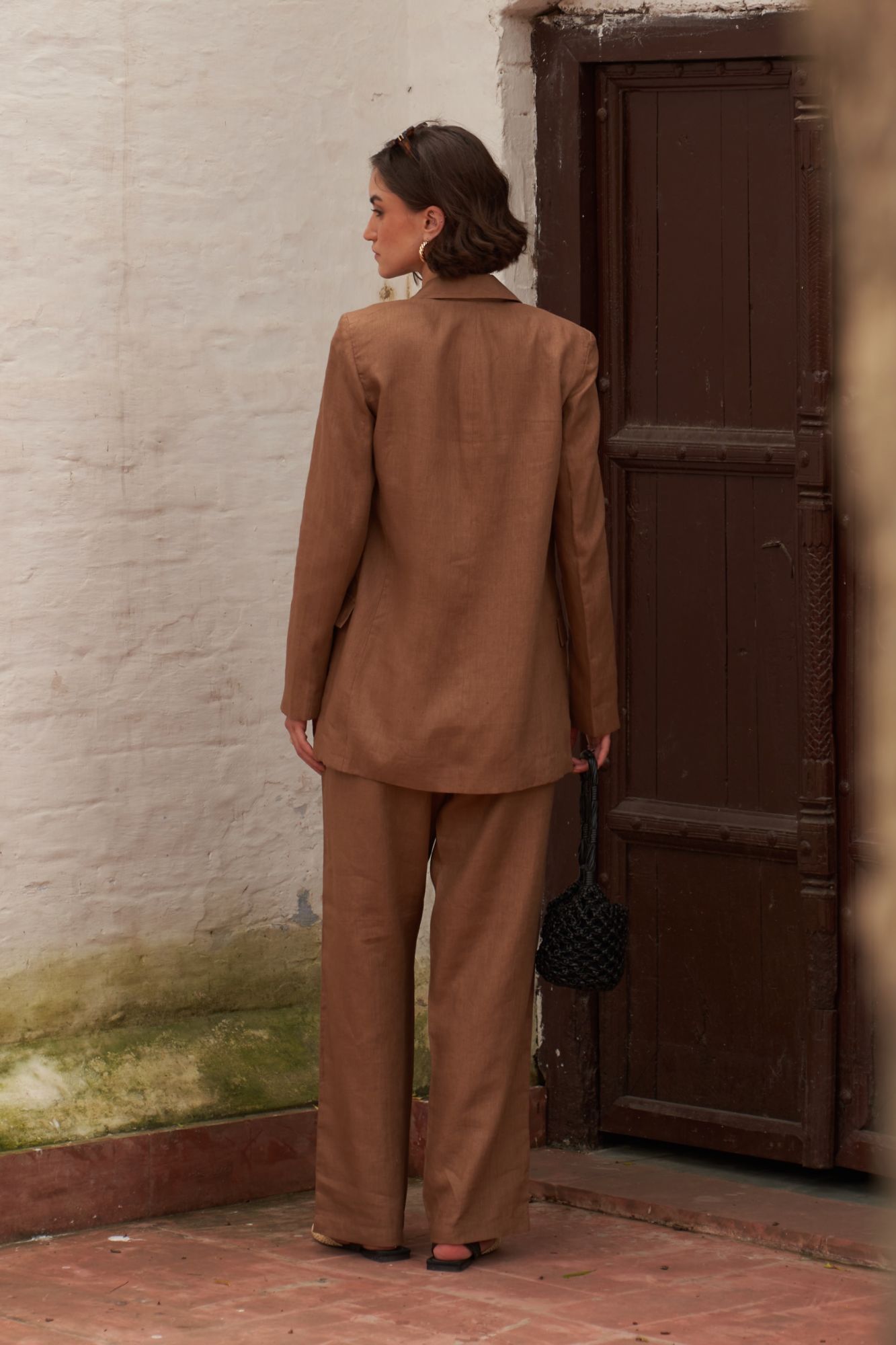 FLORENTINA SOLID BROWN COLOR PURE LINEN FABRIC JACKET AND PANTS SUMMER CO-ORDINATE