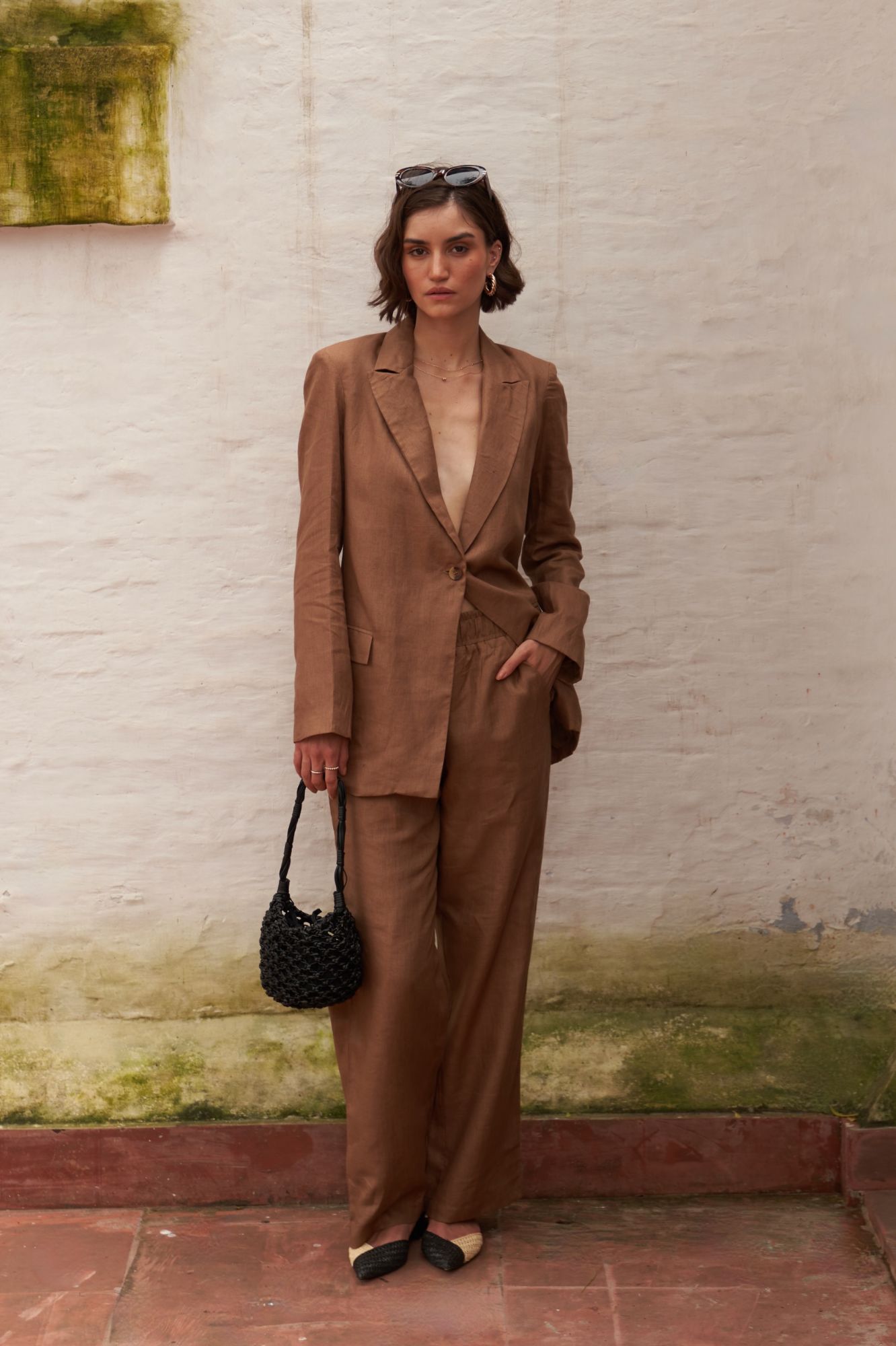 FLORENTINA SOLID BROWN COLOR PURE LINEN FABRIC JACKET AND PANTS SUMMER CO-ORDINATE