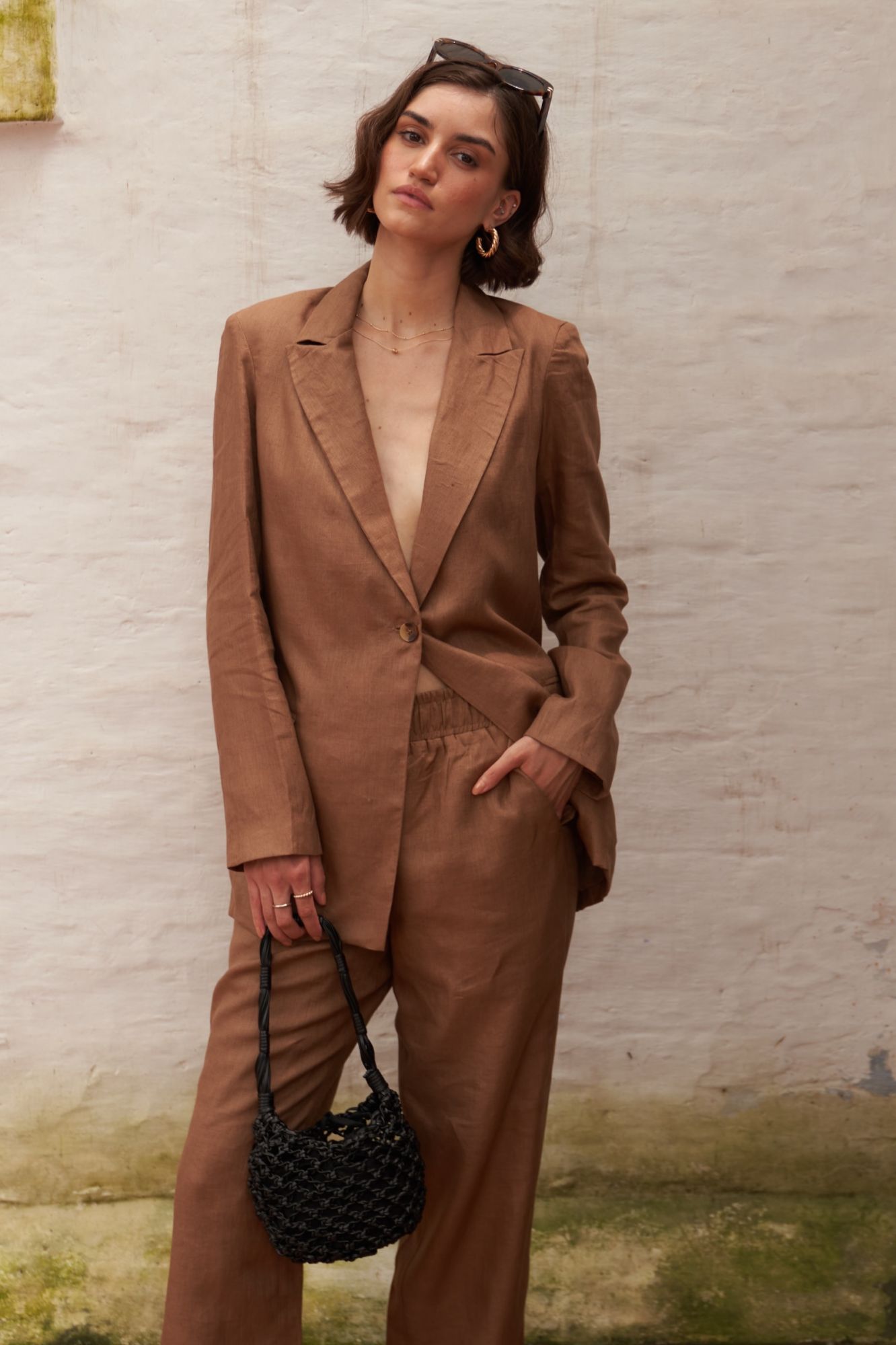 FLORENTINA SOLID BROWN COLOR PURE LINEN FABRIC JACKET AND PANTS SUMMER CO-ORDINATE