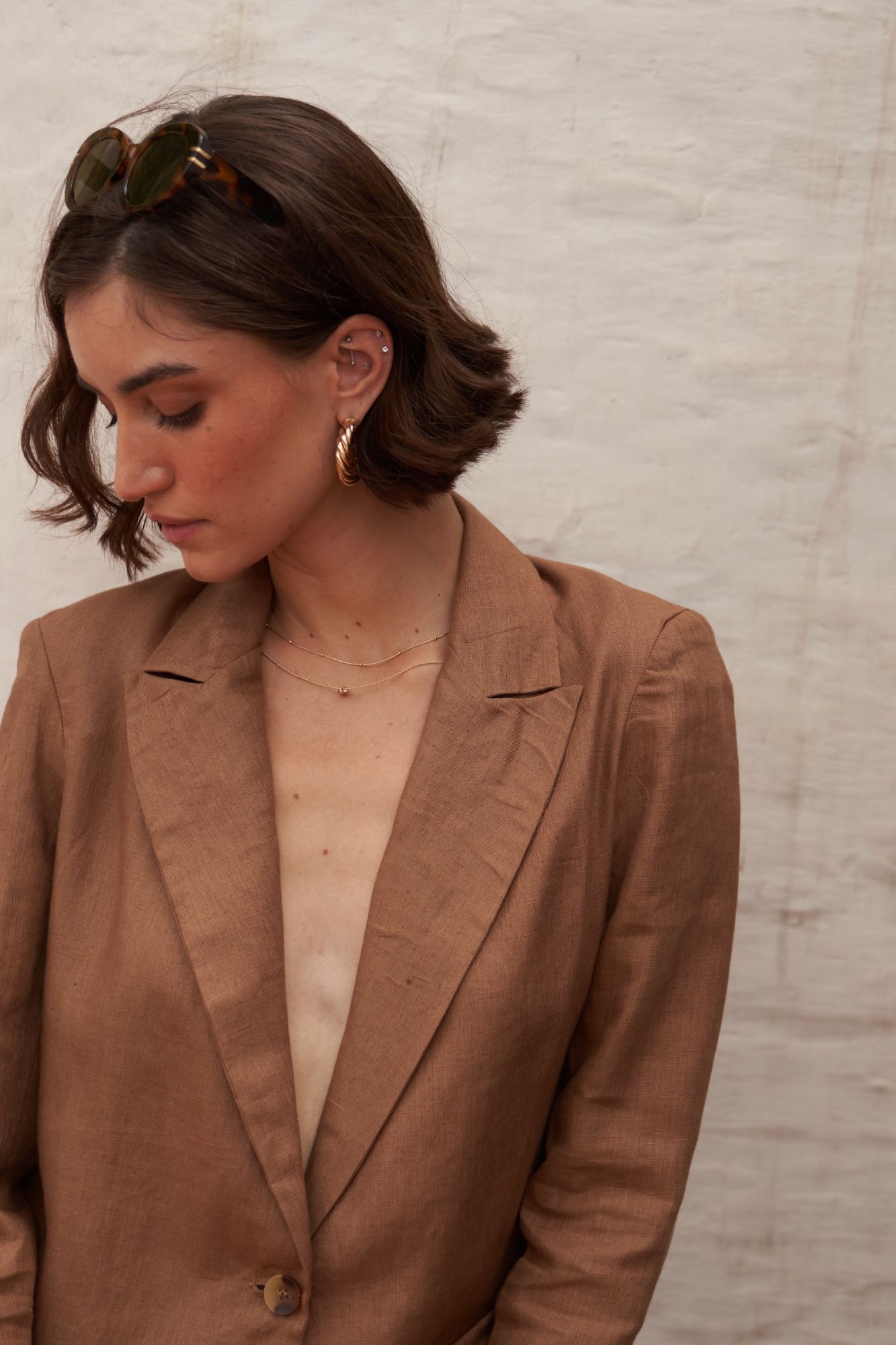 FLORENTINA SOLID BROWN COLOR PURE LINEN FABRIC JACKET AND PANTS SUMMER CO-ORDINATE