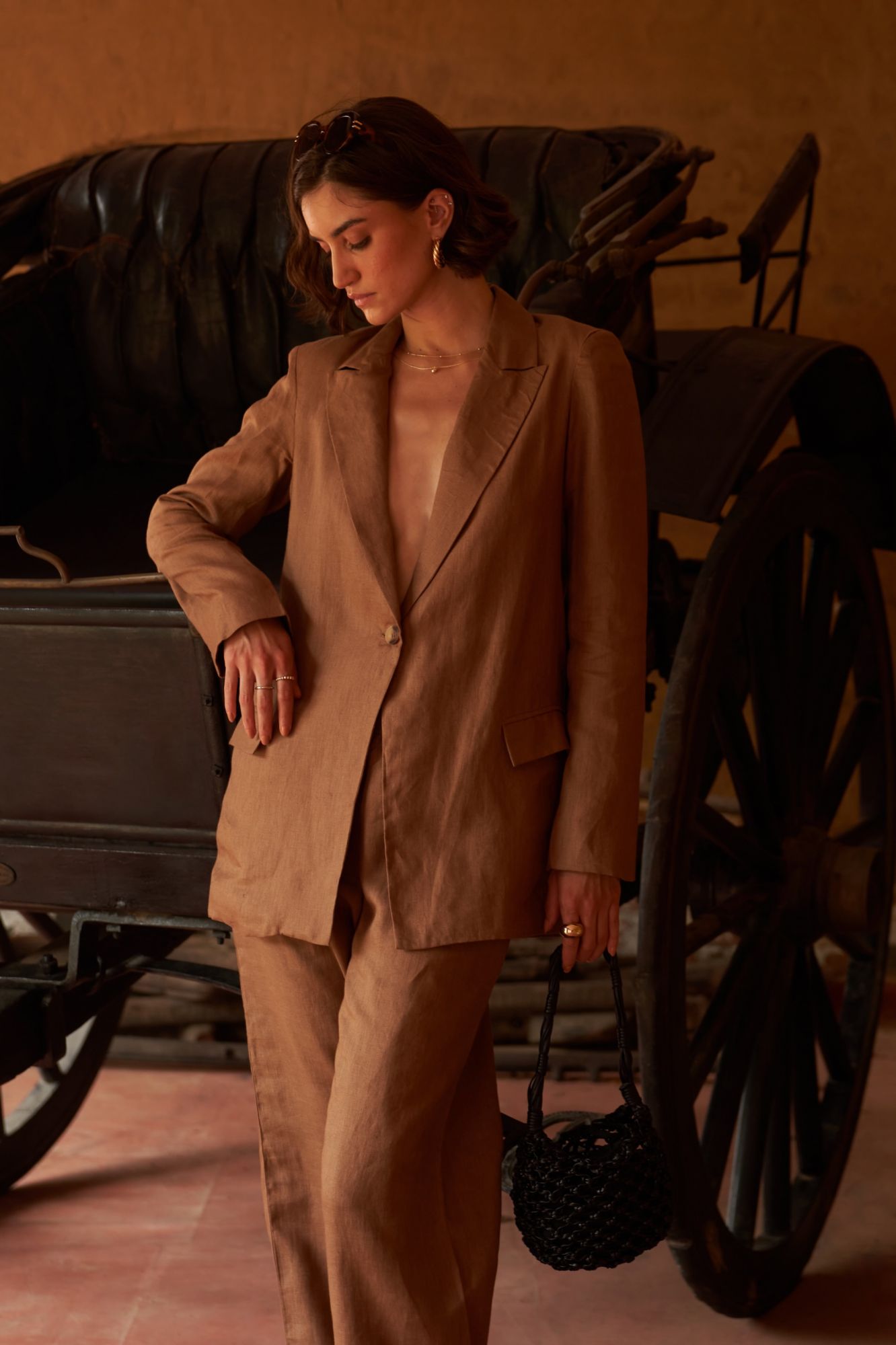 FLORENTINA SOLID BROWN COLOR PURE LINEN FABRIC JACKET AND PANTS SUMMER CO-ORDINATE