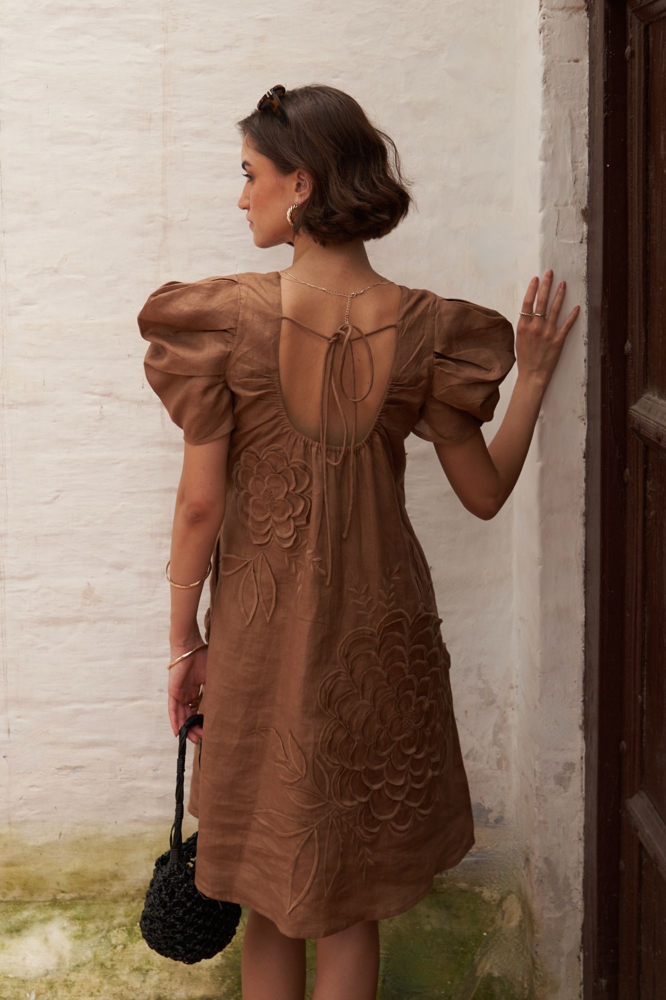 FLORENTINA BROWN COLOR PURE LINEN GABRIC KNEE LENGTH EMBROIDERED LINED SUMMER DRESS WITH RUCHED SLEEVES